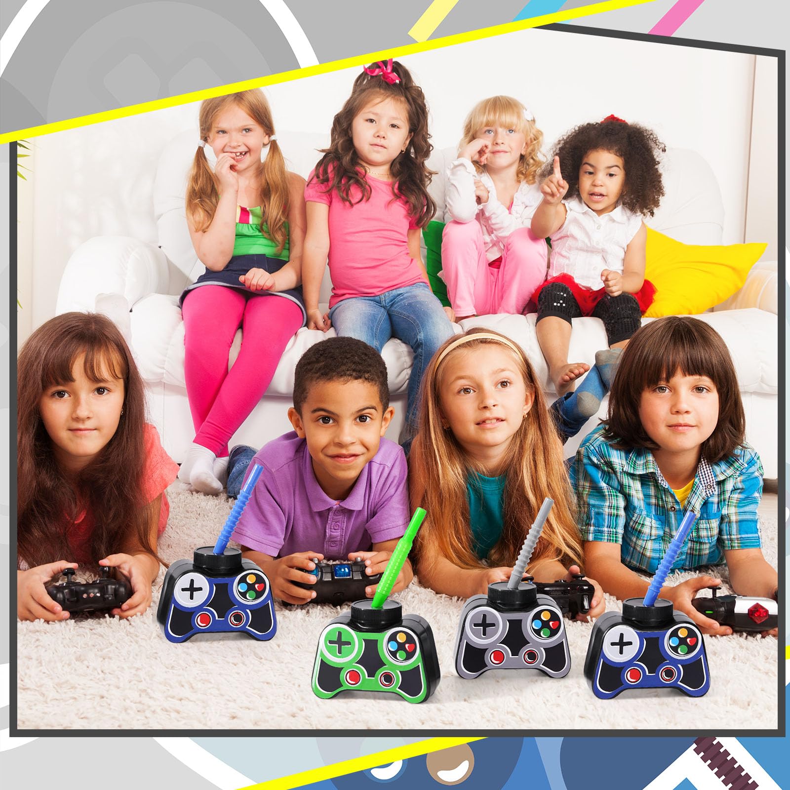 Mifoci 24 vasos de plástico para videojuegos con popote y tapa de 10 onzas, vasos temáticos de cumpleaños para jugadores de 7º videojuegos, regalos de fiesta para niños pequeños, fiesta de cumpleaños