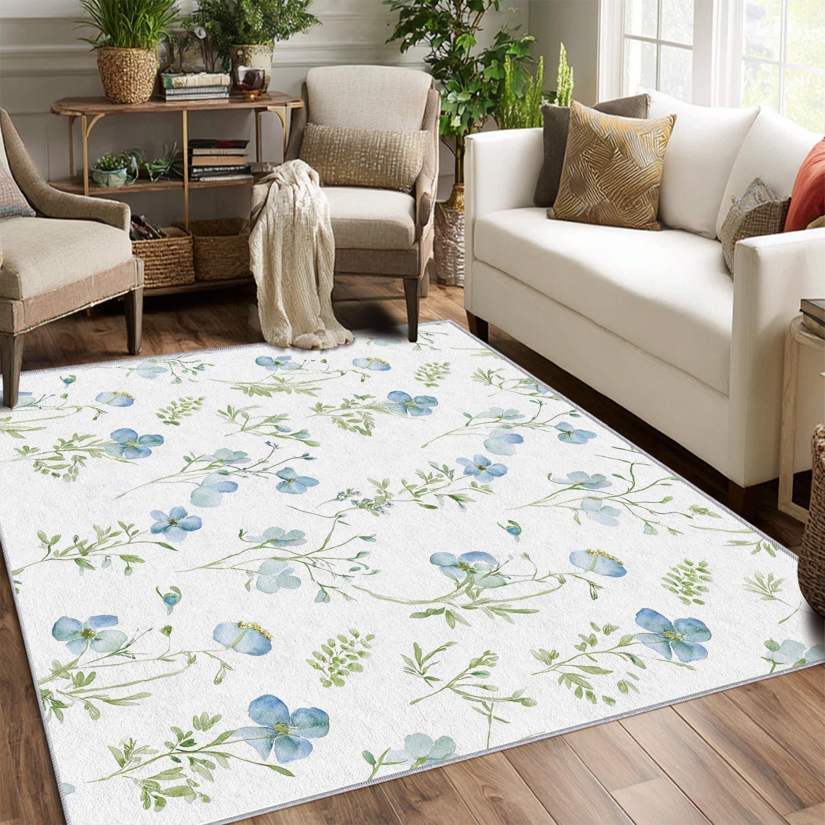 Tapis fleurs bleues grand tapis décoratif champêtre doux 200x290cm