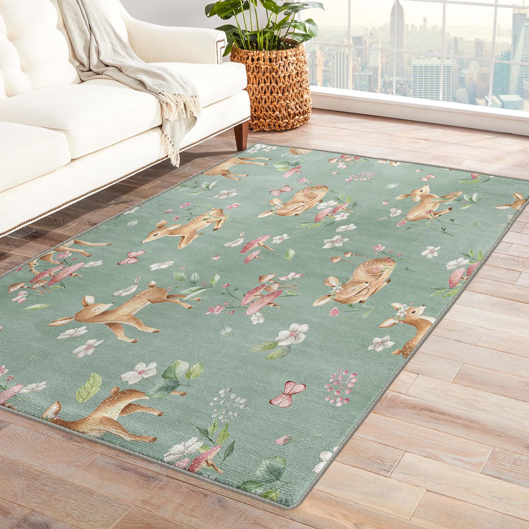 Deer Rug 3x5 ft, Woodland Animal Area Rug, Forest Animal Rugs for Living Room Bedroom, Cute Carpet, Kids Room Decor for Boys Girls, Washable Non Slip