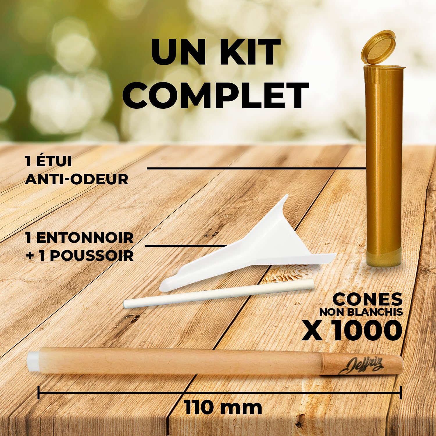 Cônes Pré-Roulés | 1000 cones | JEFFRIZ | King Size Slim 110mm Pre Rolls Papier Brun Naturel Non Blanchi avec Filtres | Combustion Lente | Entonnoir de Remplissage & Tube Anti-Odeur Inclus | Pack XXL