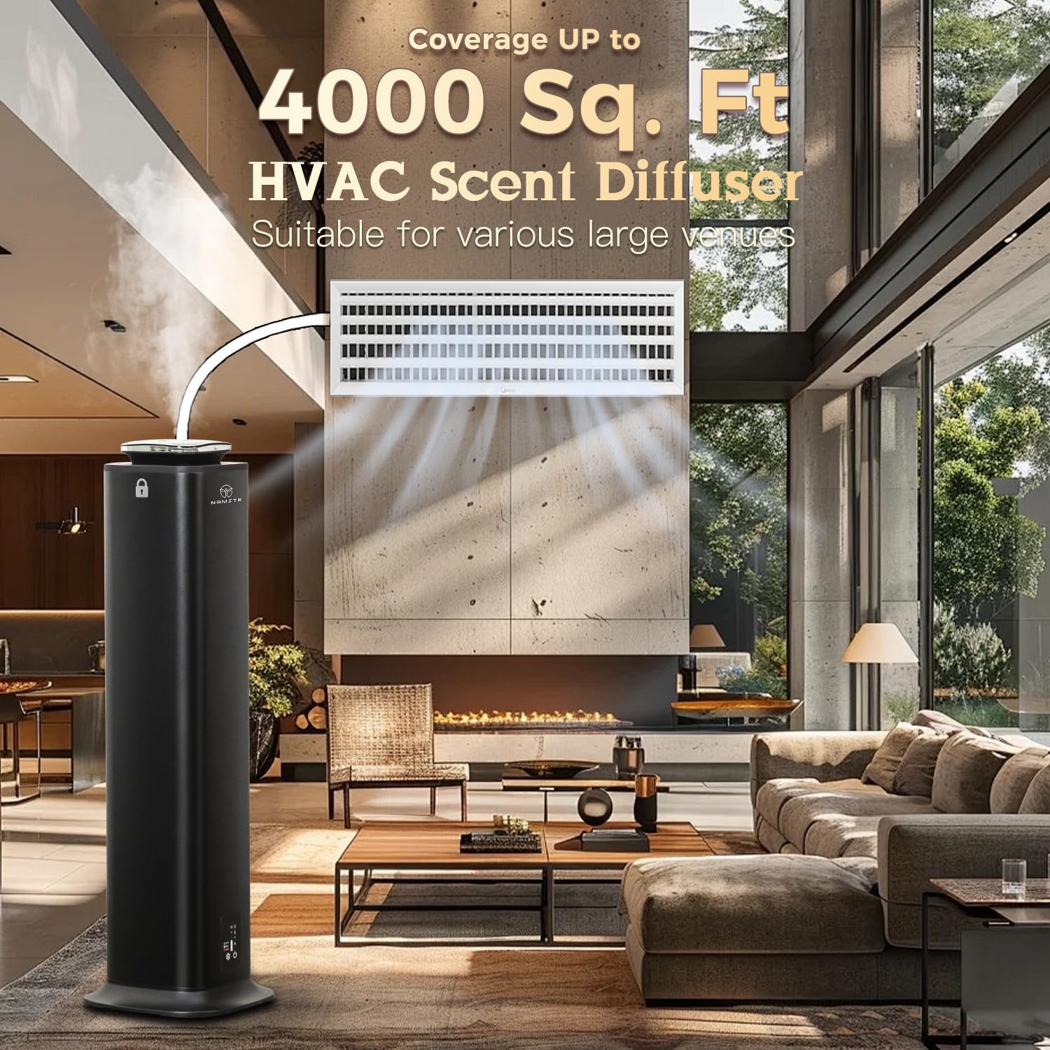 Tower HVAC Scent Diffuser | 4000 Sq. Ft Coverage | 800ml Essential Oil Waterless Diffuser | Large Capacity Luxury Hotel Diffusers | App & Touch Control for Two-Story Home, Open Area - Black