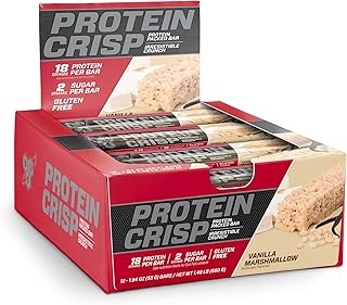 BSN Protein Crisp Bar, Vanilla Marshmallow, 18 Gram Protein Snack Bars with Whey and Fiber, Gluten-Free Crunchy Energy Bars for Workout, Fitness, On-the-Go, 12 Count