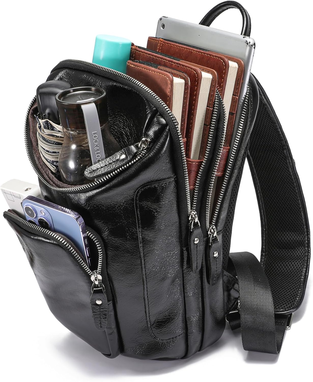 LANNSYNE Vintage Full Grain Leather Sling Bag Crossbody Chest Daypack | Vintage, Full Grain, Leather, Chest - Image 2