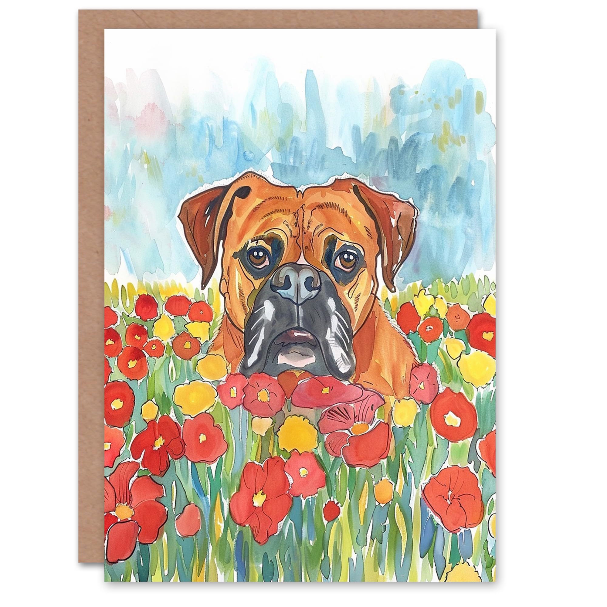 Artery8 Dog Lover Pet Boxer in Flower Field Watercolour For Her Woman Birthday Card