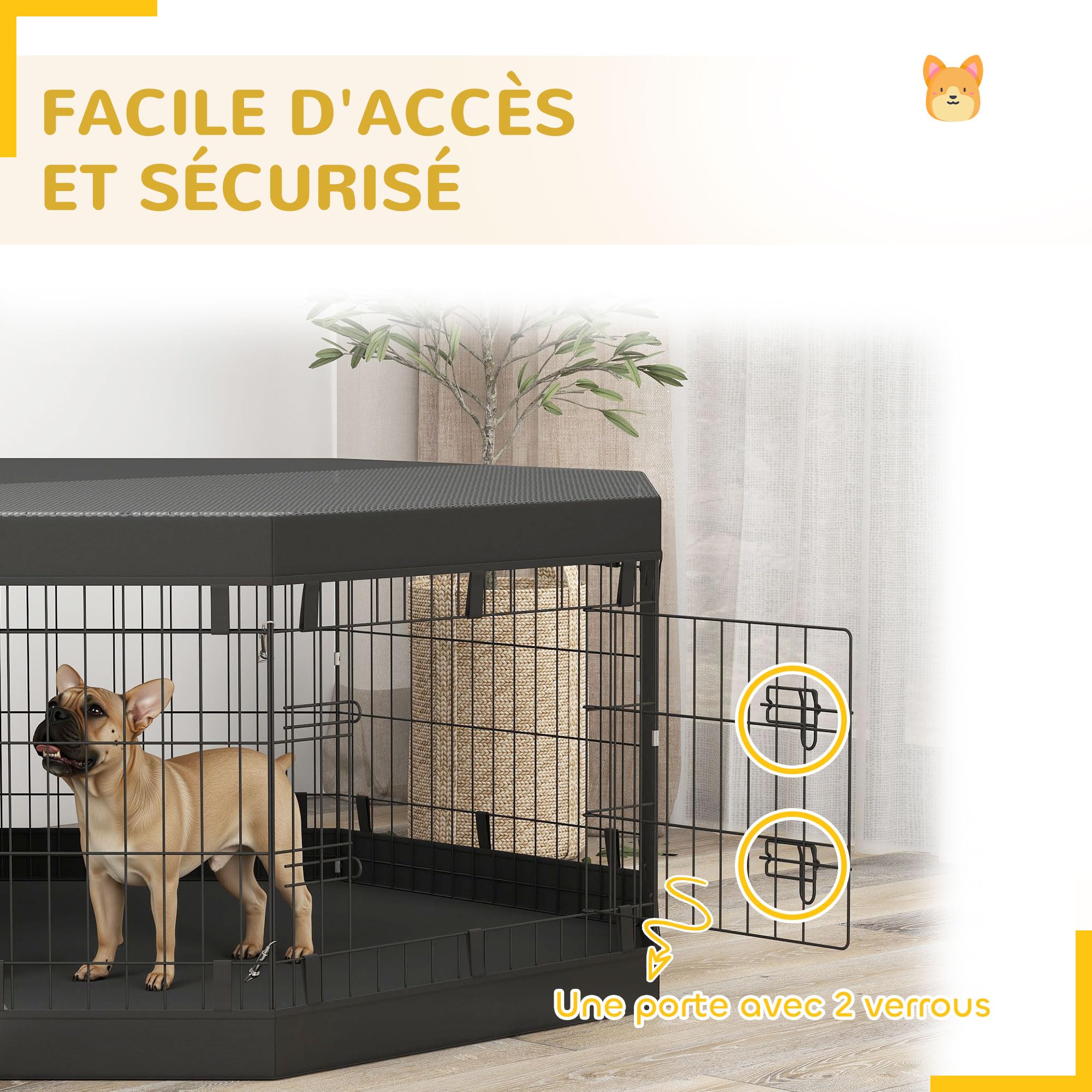 PawHut Parc pour Chien, enclos Chien intérieur, 8 Panneaux Pliables, avec Porte, Couverture supérieur et inférieure, Acier, 61 x 61 cm, Noir