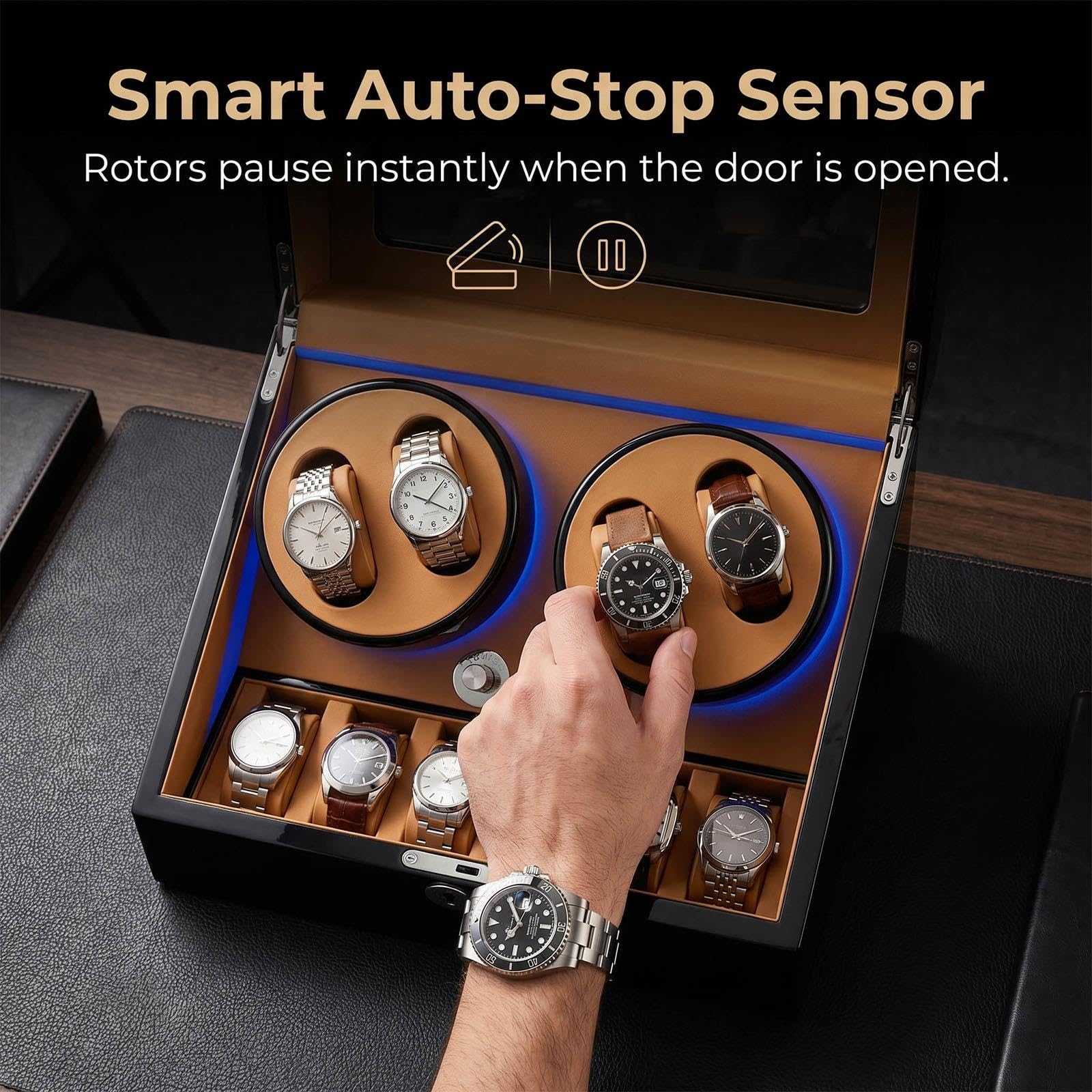 Enrollador para 4 Relojes Automáticos, Caja con 6 Compartimentos