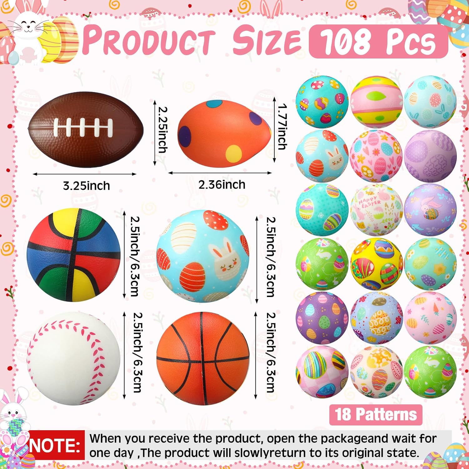 Gejoy 108 Pcs Easter Stress Balls Bulk Easter Eggs Bunny Rabbit Sports Squeeze Balls Stress Relief Fidget Mini Foam Toy Basket Goodie Stuffers Gift for Party Favor Decoration Boys and Girls