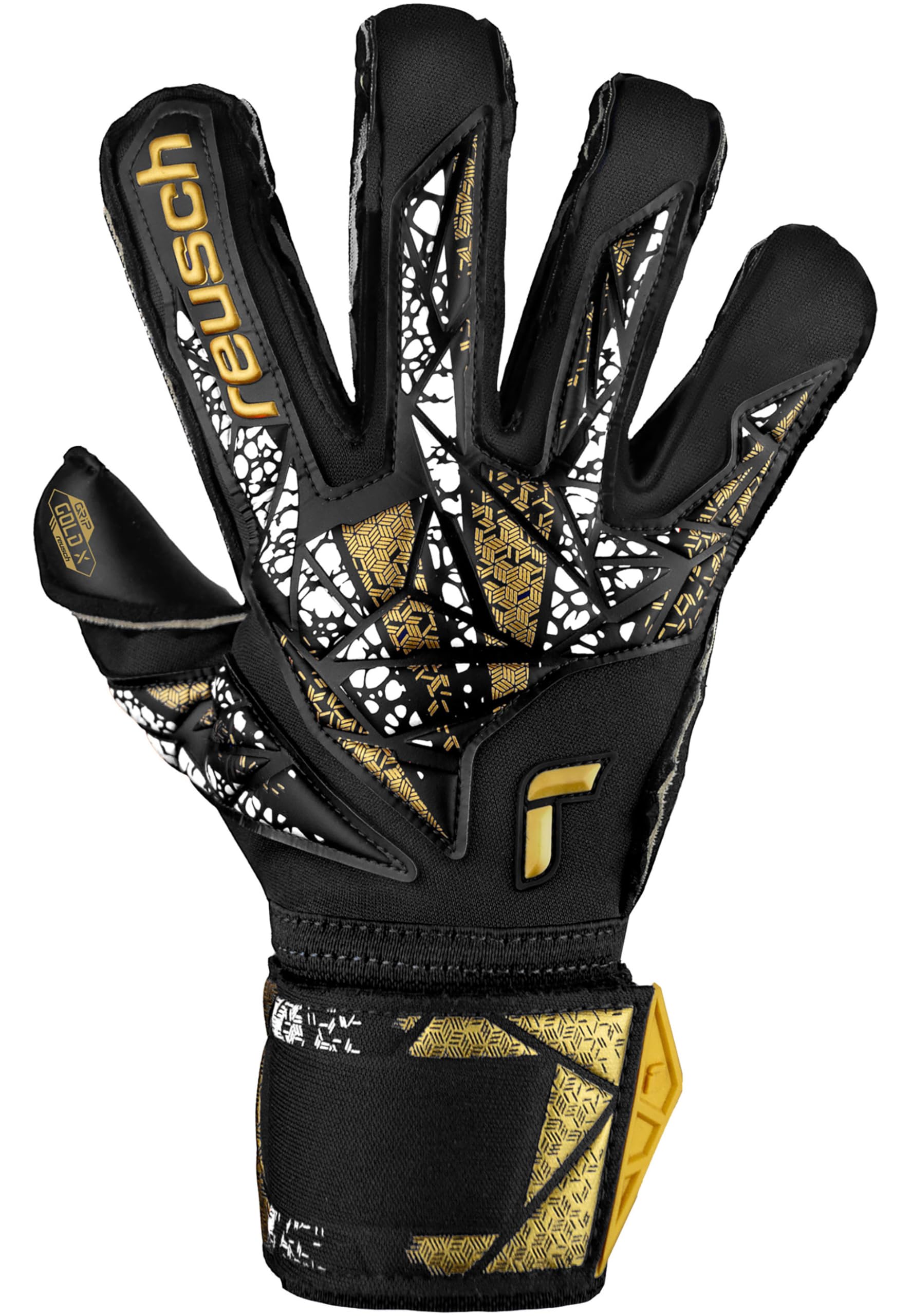 Reusch Profi Torwarthandschuhe Erwachsene | Fingerschutz | starker Grip mit Latexerweiterung | atmungsaktiv | für Training & Spiel | Natur- & Kunstrasen | Attrakt Gold X Evolution Cut Finger Support