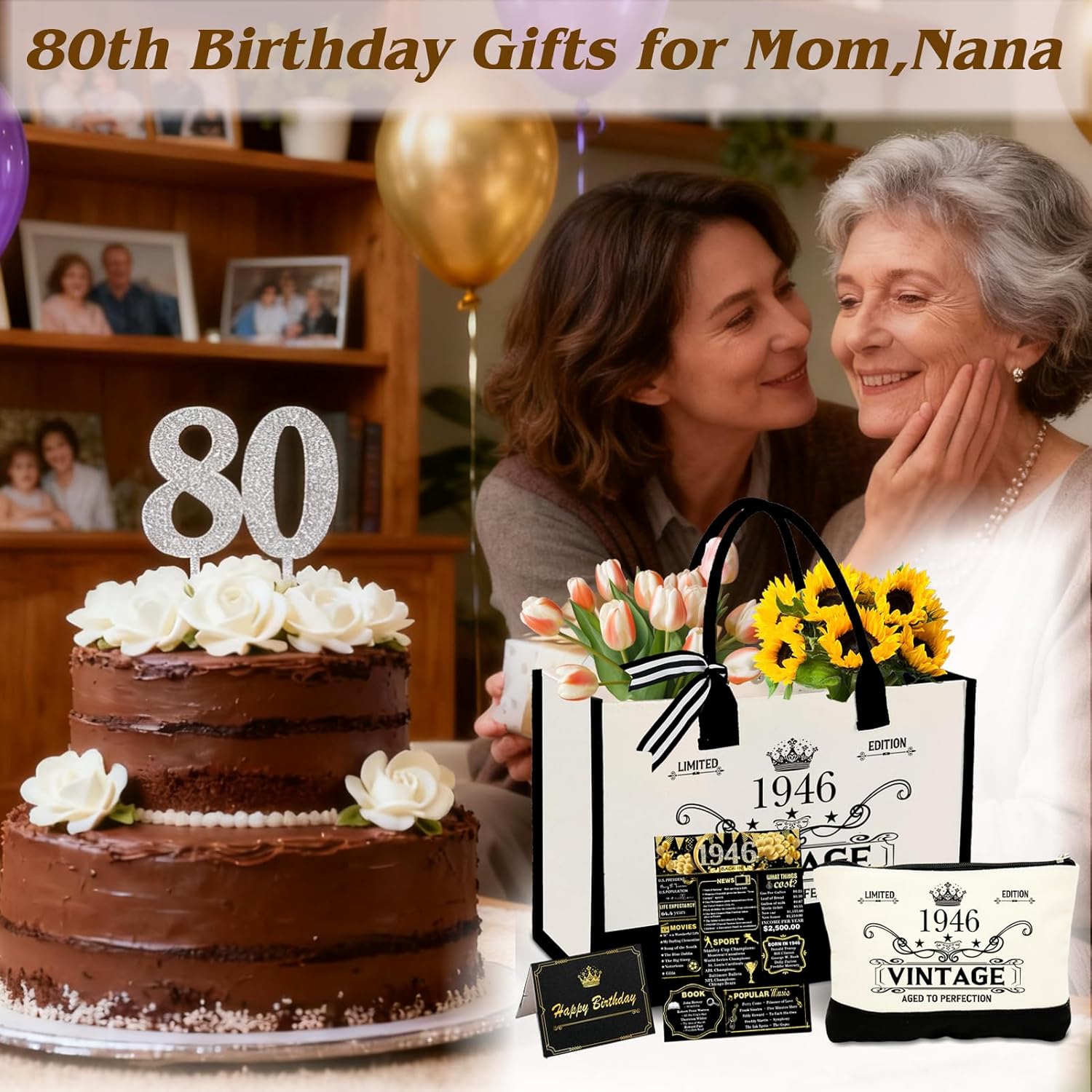80th Birthday Gifts for Women–Vintage 1946 Canvas Tote Bag Set, 80th Birthday Gift for Mom Grandma Wife Sister, Meaningful 80 Year Old Woman Gift with Cosmetic Bag, Back in 1946 Poster,Greeting Card - Image 4