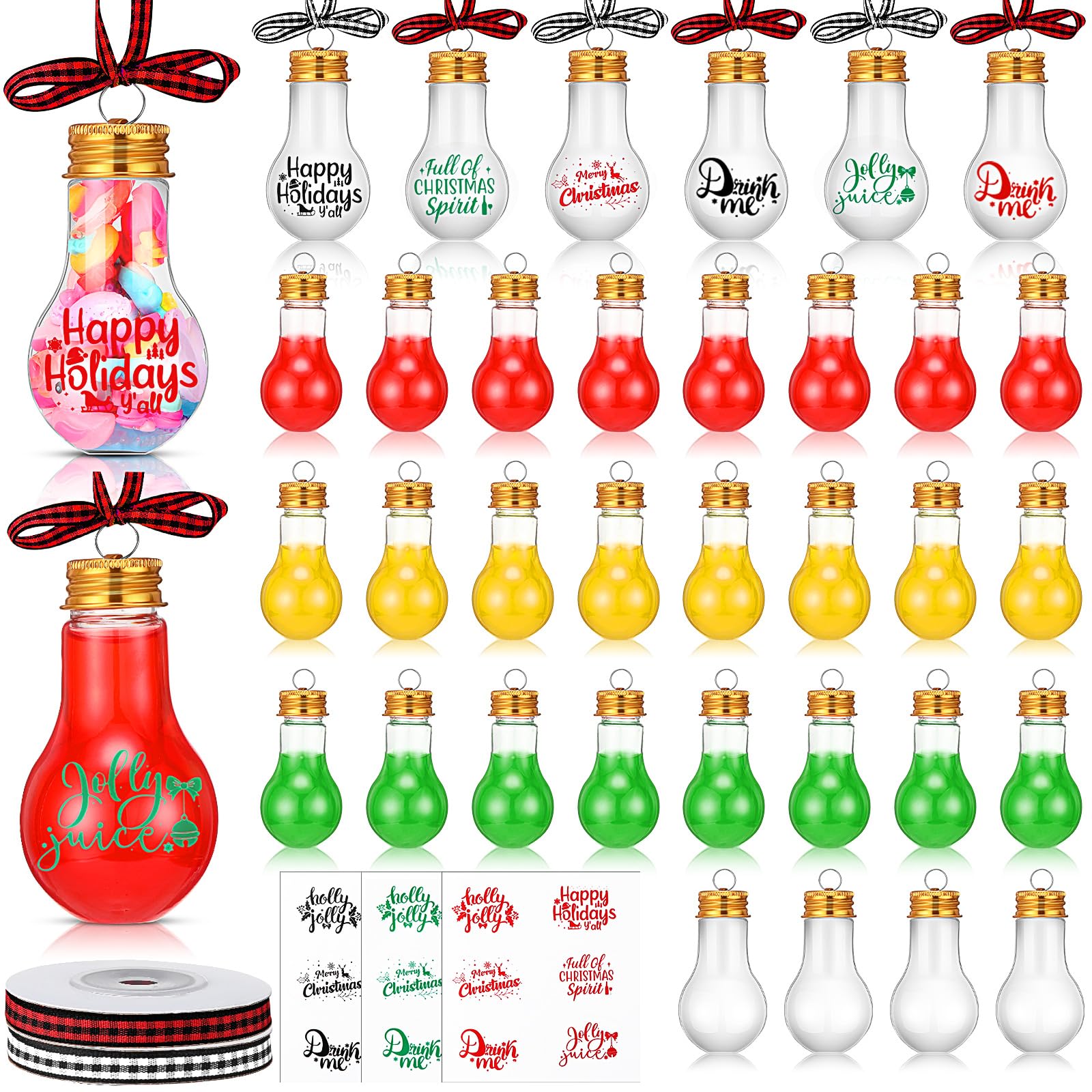 Sliner 48 Pcs Christmas Fillable Balls Drink Balls Booze Ornaments with Screw Top, Plaid Ribbon and Stickers Clear Plastic Xmas Tree Hanging Decoration for Holidays Party DIY Crafts(Bulb Shape)