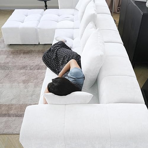 Miniatura 6 de WJShome Sofás seccionales de 144 pulgadas para sala de estar, sofá modular en forma de L, 3 plazas con otomana, asiento profundo de lino con sofás