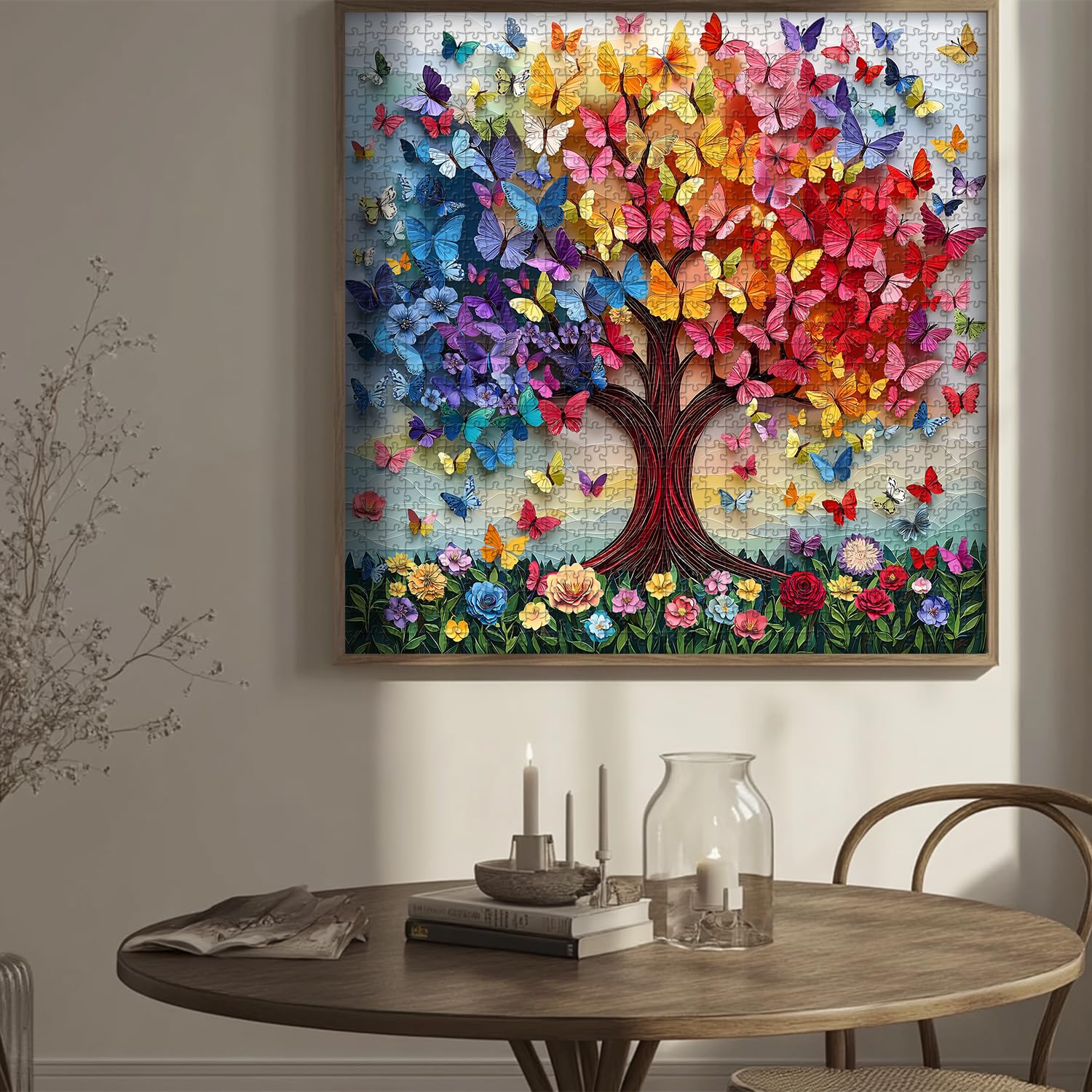 Rompecabezas coloridos de mariposa para adultos, 1000 piezas, árbol de la vida, rompecabezas floral arcoíris, tema único de arte de flores de primavera como decoración del hogar 6