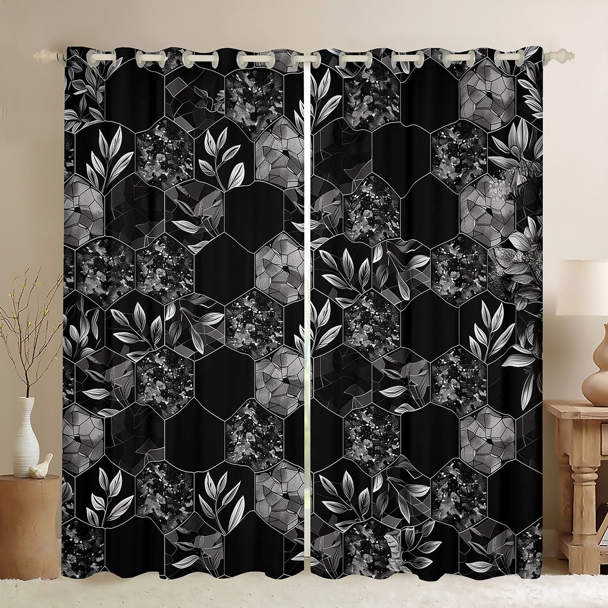 Castle Fairy Honeycomb Window Curtains,Black Gray Leaves Curtain,Geometry Window Drapes for Kid Teens Boys Young Man,Modern Bedroom Decorative,Hexagon Curtain,52Wx63L