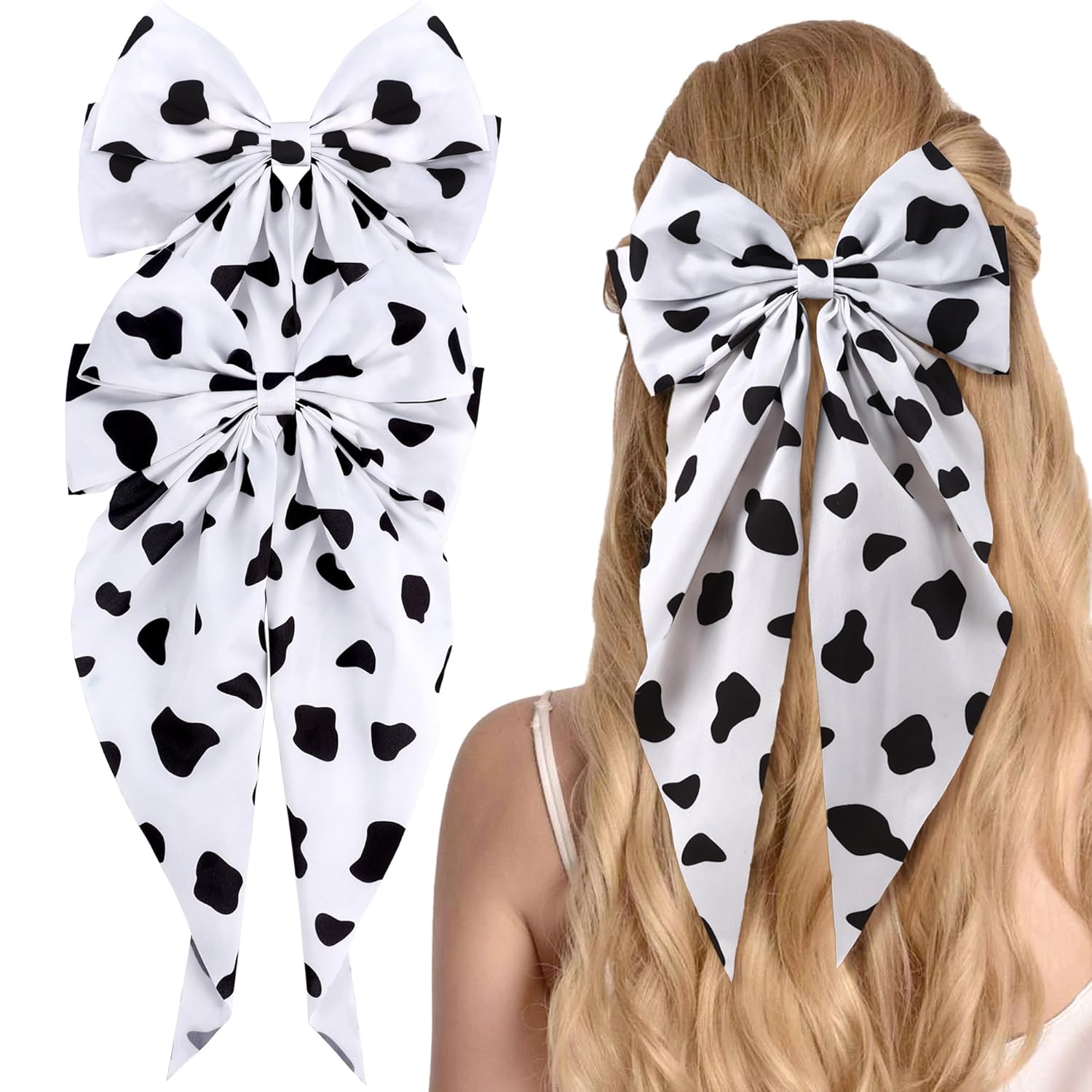 2 PCS 7In Cow Hair Bows Clips for Women Girls, Big Cow Print Long Tail White Black Hair Bow Large Hair Ribbon Barrettes Metal Clips Bowknot Aesthetic Hair Accessories Gifts (Black White)