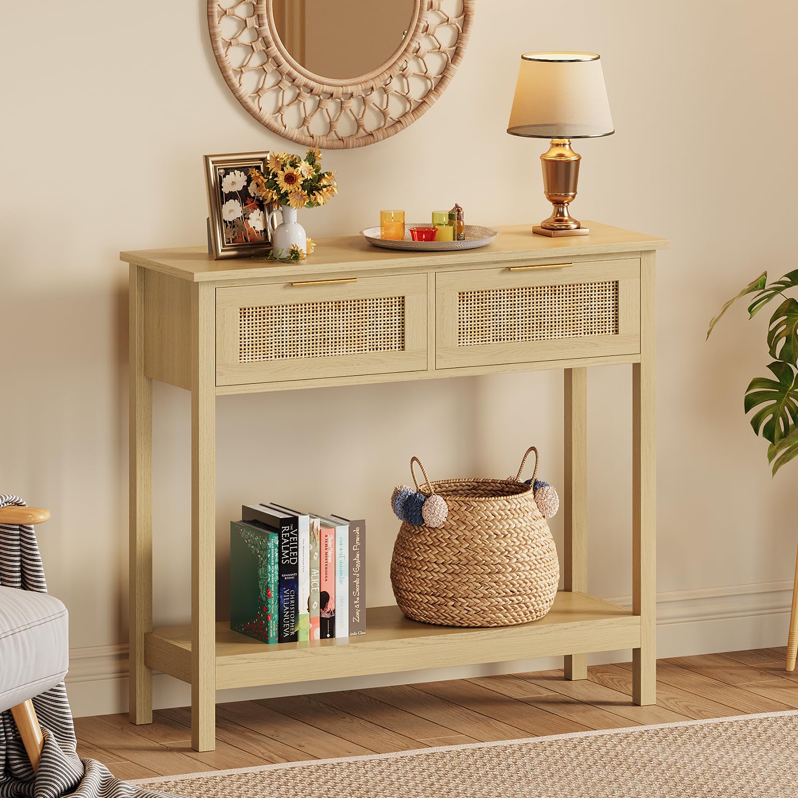 Trironsun - Tavolo da Console Boho in Rattan con 2 Cassetti, Tavolo d'Ingresso a 2 Livelli, Tavolo da Soggiorno in Stile Rustico con Scaffale Aperto