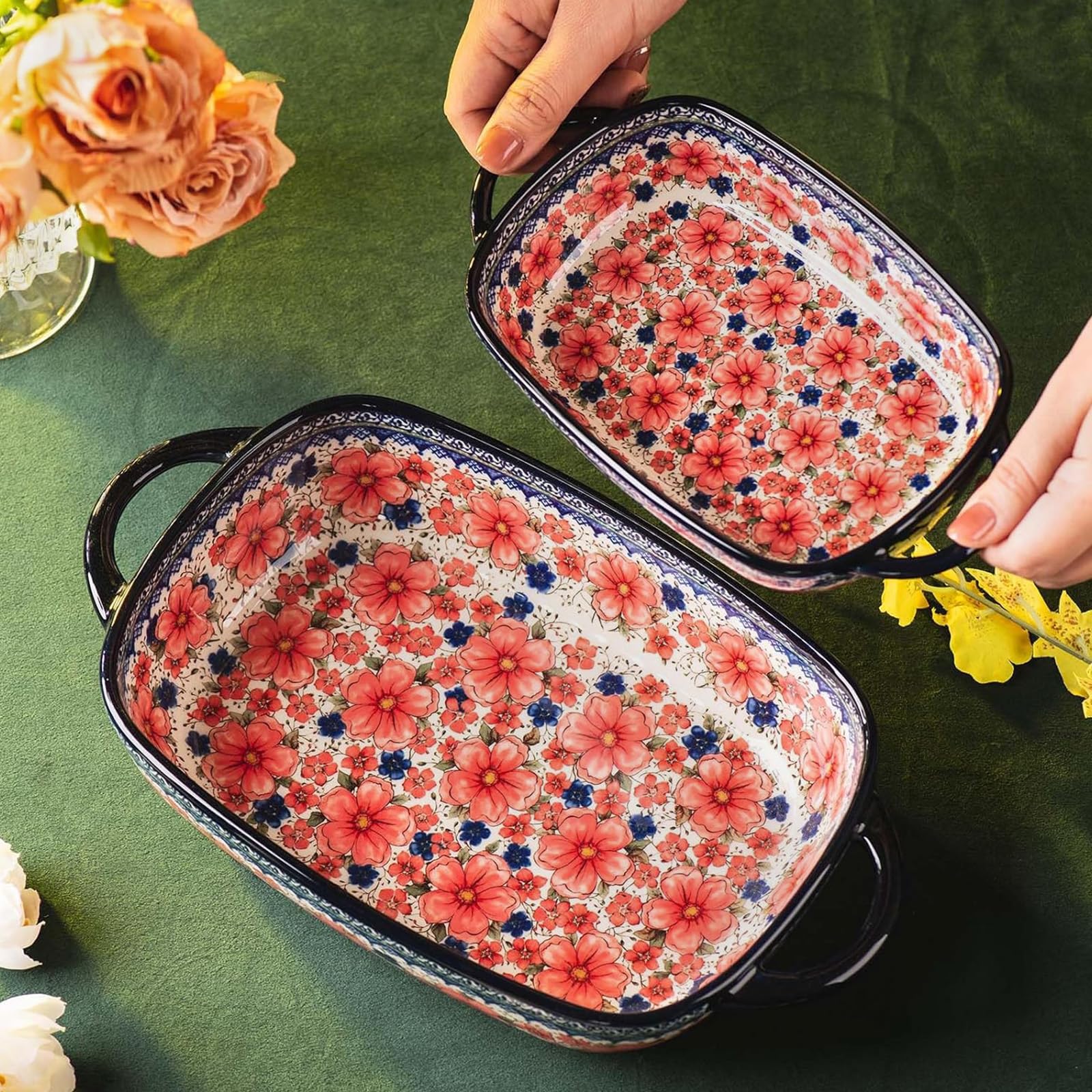 Juego de 2 utensilios de porcelana para hornear, platos rectangulares para hornear, sartén para lasaña para cocinar, cocina, cazuela, cena de pasteles, banquetes y uso diario. (D)