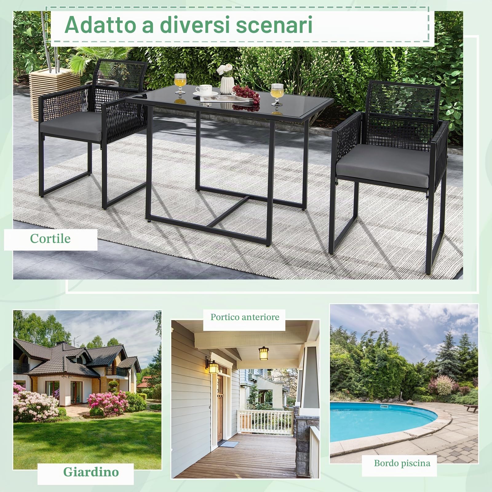KOMFOTTEU Set di mobili da 3 pezzi, set da tavolo e 2 sedie in rattan PE, set da pranzo con sedie pieghevoli, cuscini estraibili, tavolo in vetro, per giardino, patio, terreza
