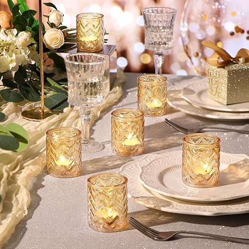 Vista 5 de LAMORGIFT Portavelas votivas doradas, 12 unidades, velas de té doradas, centros de mesa para bodas, cumpleaños, decoración de fiesta de aniversario