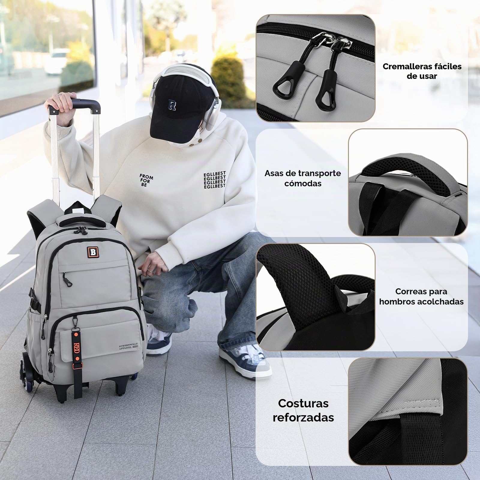 Amythe Mochilas con Ruedas para Niños, Mochila Escolar Adolescentes, Bolso Colegio de Moda para la Universidad, 31L Mochila Casual con Carrito, Ligera y Resistente al Agua, Gris