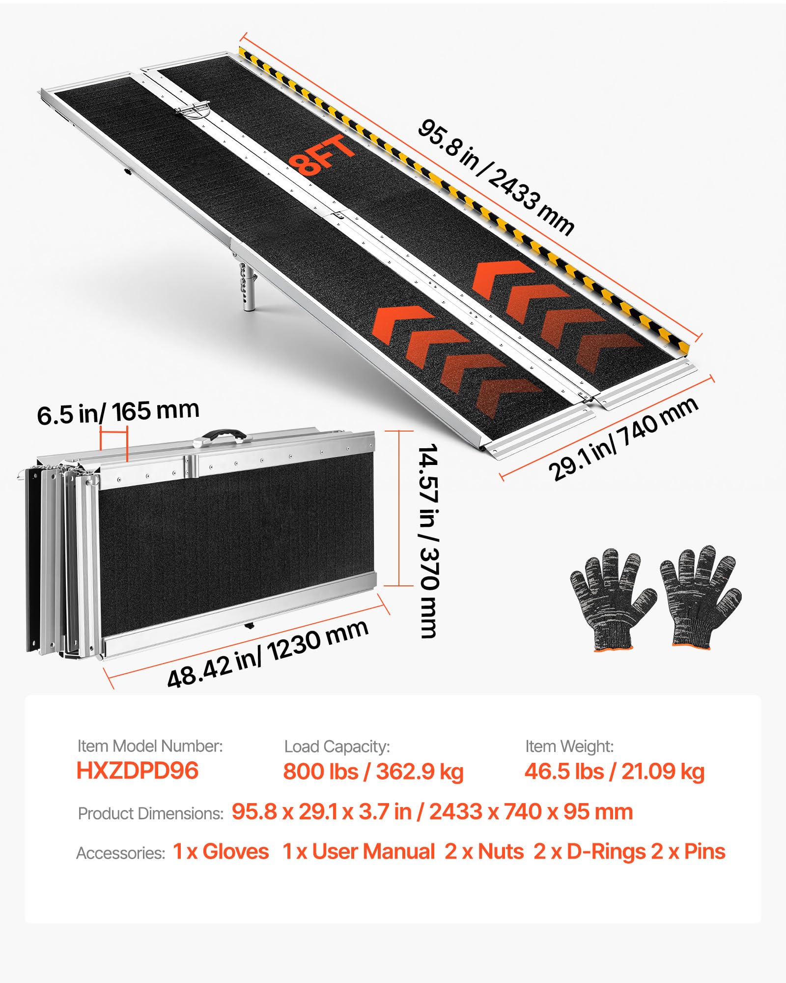VEVOR Rampa Pieghevole per Sedie a Rotelle, 244 cm, Rampa Portatile in Alluminio Resistente, Superficie Antiscivolo, Portata Massima 363 kg, per Gradini, Scale, Ingressi, Porte, Soglie, Scooter