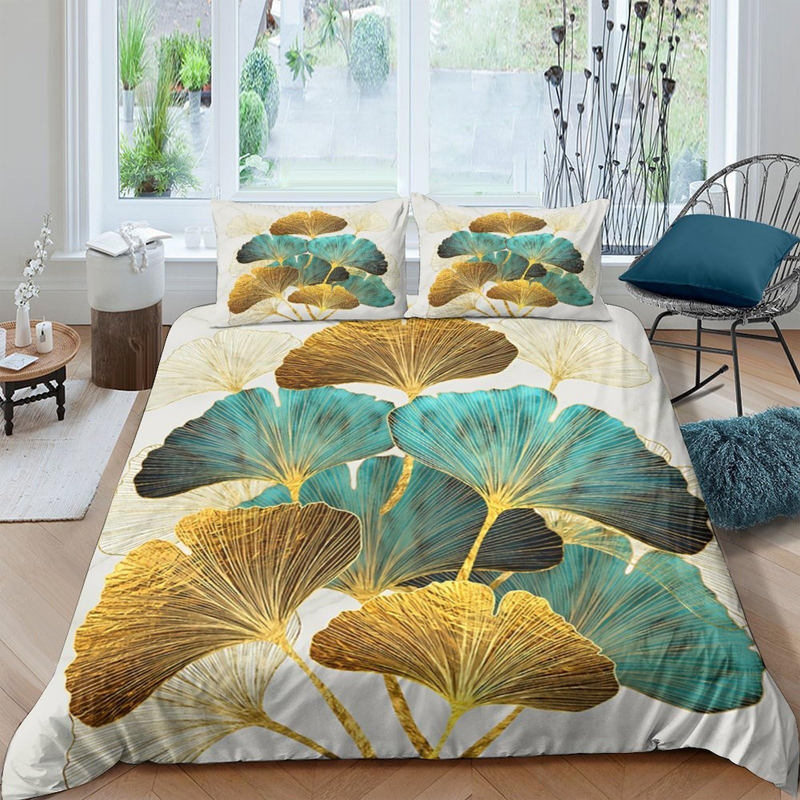 Ctjqhvkz Style-5 3D Printed Ginkgo Leaf Fitted Sheet Microfiber Soft Breathable Golden Teal Mattress Cover For Bedroom Dorm Decor Single（135X200cm）
