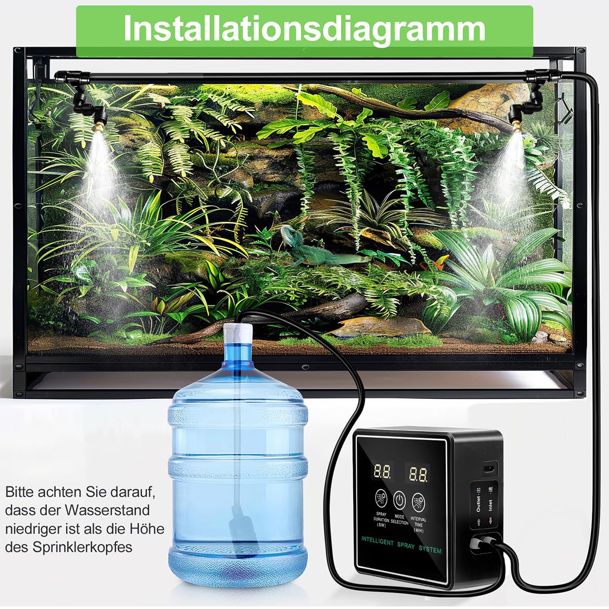 Sistema de nebulización temporizada con tanque de selva tropical con wifi ajustable de 360°, caja para tortugas trepadoras pulverizador automático