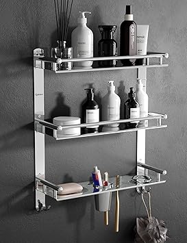 GRIVAN Stainless Steel 3 Layer/3 Tier Multipurpose Bathroom Shelf/Rack/Organizer/Stand/Holder with Double Soap Dish and Toothbrush Holder Tumbler Bathroom Accessories - image, photos