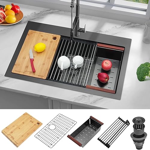 MONSINTA Fregadero de cocina, fregadero de cocina negro de 33 x 22 pulgadas, fregadero de cocina de acero inoxidable, fregadero de cocina de un solo