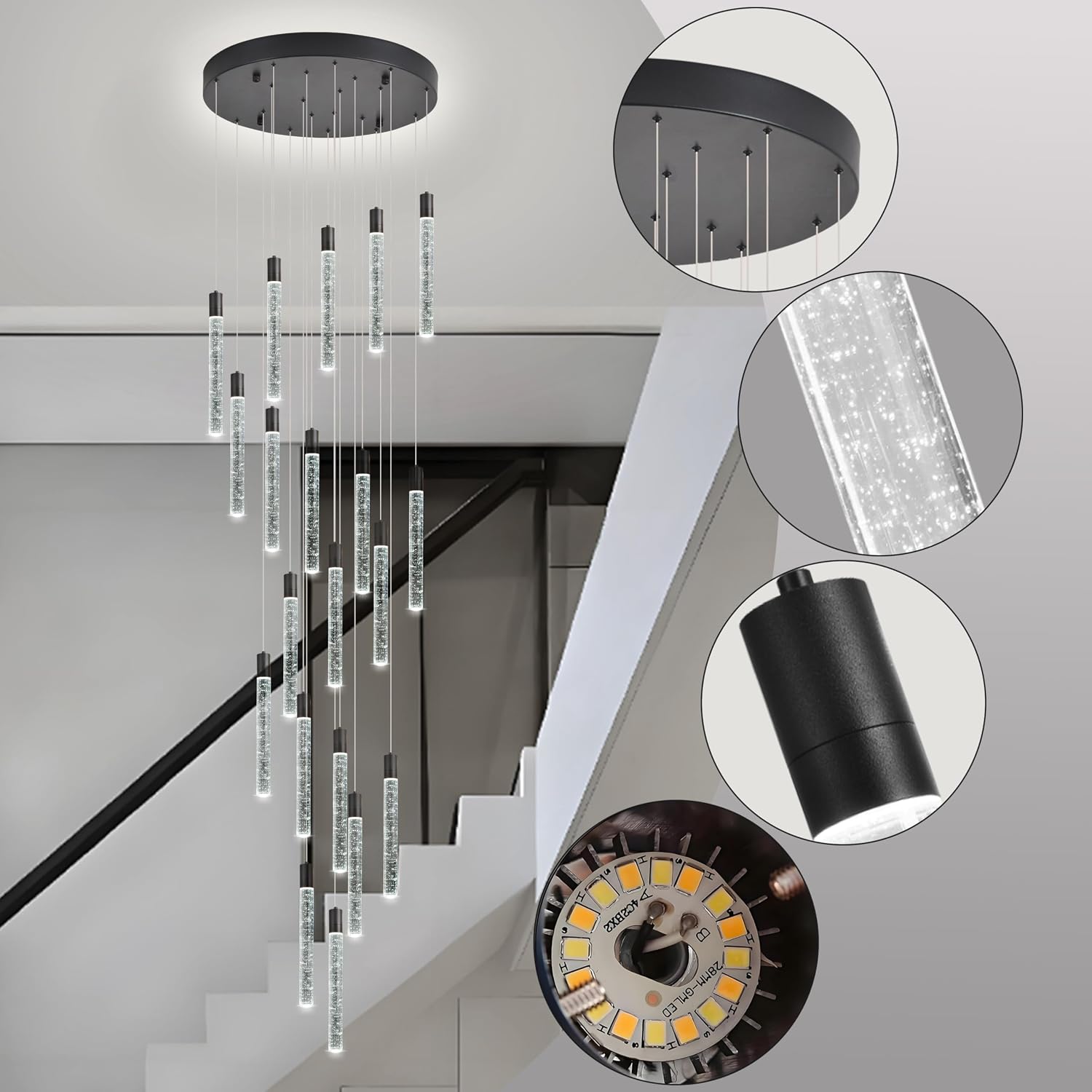 20-Lights Bubble Chandelier for Entryway High Ceiling-157 Height Adjustable Crystal Chandelier,3 Color Temperature Dimmable LED Pendant Light Fixture for Foyer Living Room Staircase,Matte Black