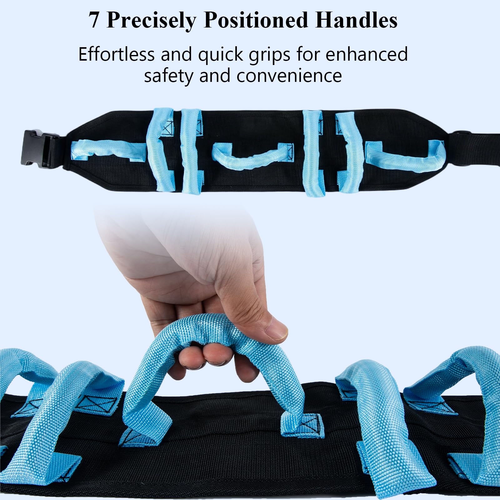 Gait Belt Blau Schwarz, Anti-Rutsch Transfergurt mit 7 Griffen & Schnellverschluss, 27-50 Zoll verstellbar, für Senioren, Pflege & Rehabilitation, 1680D Polyester