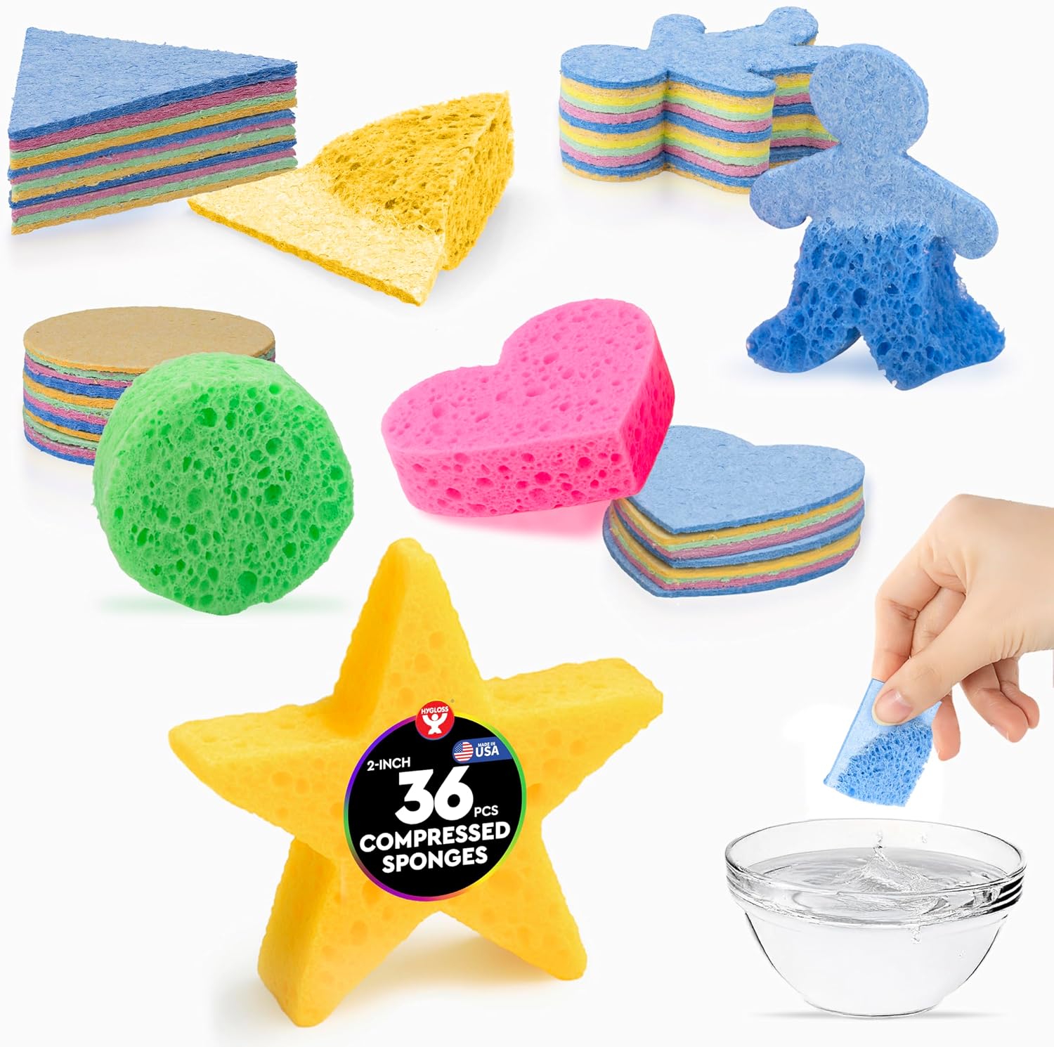 Hygloss Compressed Sponges for Crafts - 6 Pack 3x4 rectangle-Shaped Sponges - Expanding Paint Sponge Shapes for Kids - Art Sponge for Painting, DIY Crafts, Sensory Water Play & More - Assorted Colors