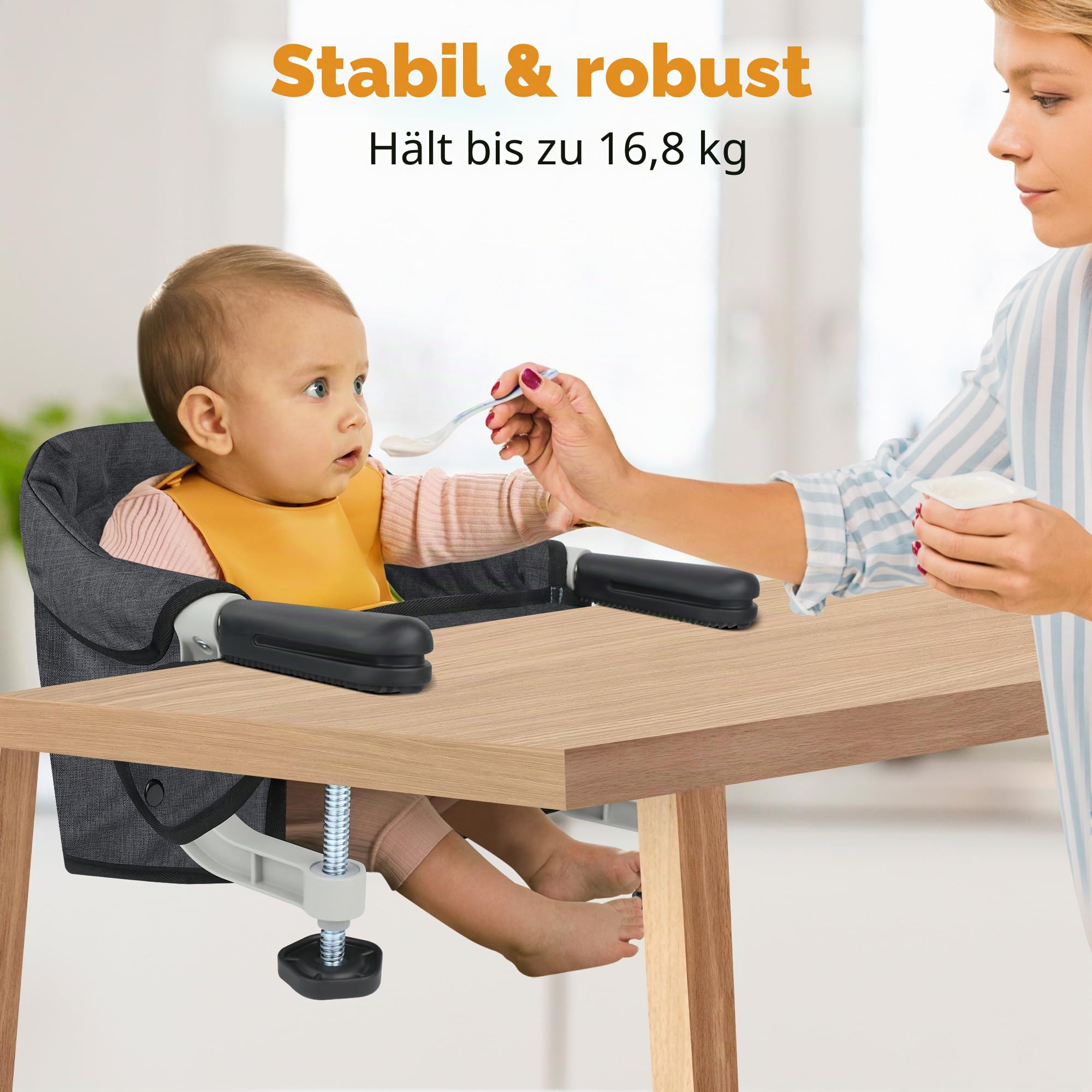 Toogel Klappbarer Tischsitz, Tragbarer Baby Hochstuhl mit Sicherheitsgurt, Kinderstuhl zum Anklippen, Sitzerhöhung Stuhlsitz Babysitz mit Transporttasche für Zuhause und Unterwegs (Schwarz)