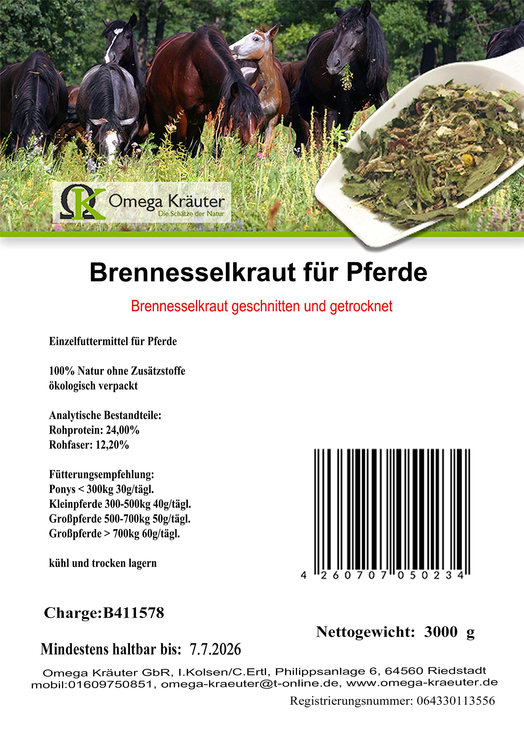 Brennesselkraut, getrocknet und geschnitten für Pferde 2000g