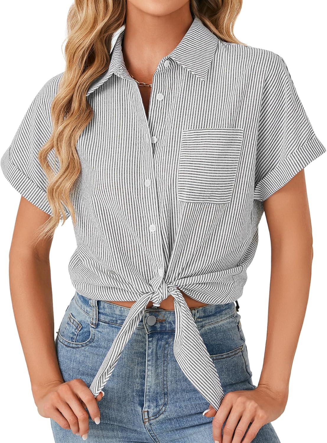 Vrtige Women's Stripe Button Down Collar Neck Tie Knot Short Sleeve Blouse Shirt with Pocket - Image 2