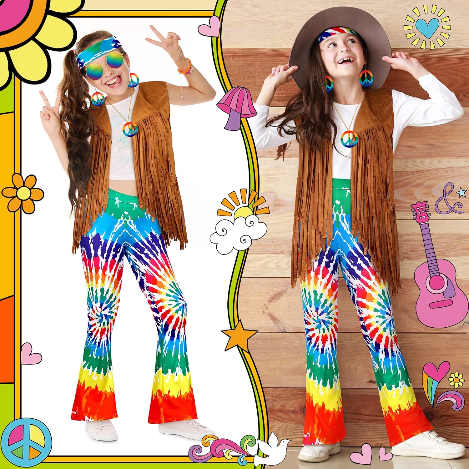 Jenaai 7 Pcs Kids 60s 70s Hippie Outfits for Girls Costume Set Boho Flared Pants Hippie Outfits Accessories Set