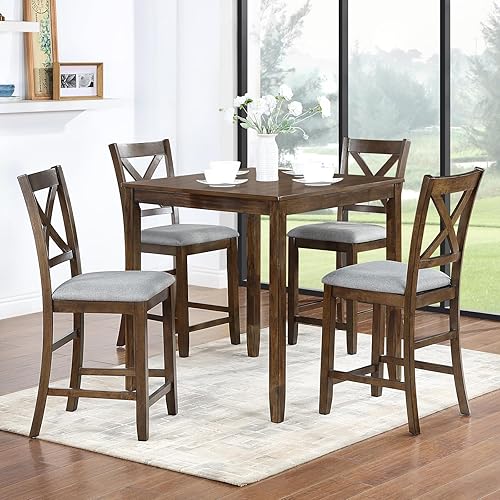 Miniatura 13 de KEIKI Juego de mesa de comedor de 5 piezas de alto mostrador con mesa cuadrada y 4 sillas tapizadas con respaldo en forma de X, para 4 personas,