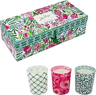 Lilly Pulitzer 3-Pack Scented Votive Candles, Small Candles in Decorative Jars, Assorted Colored Glass Candle Holder, 2.5oz Soy Wax Candles with Single Wick (Glowing Gardens)