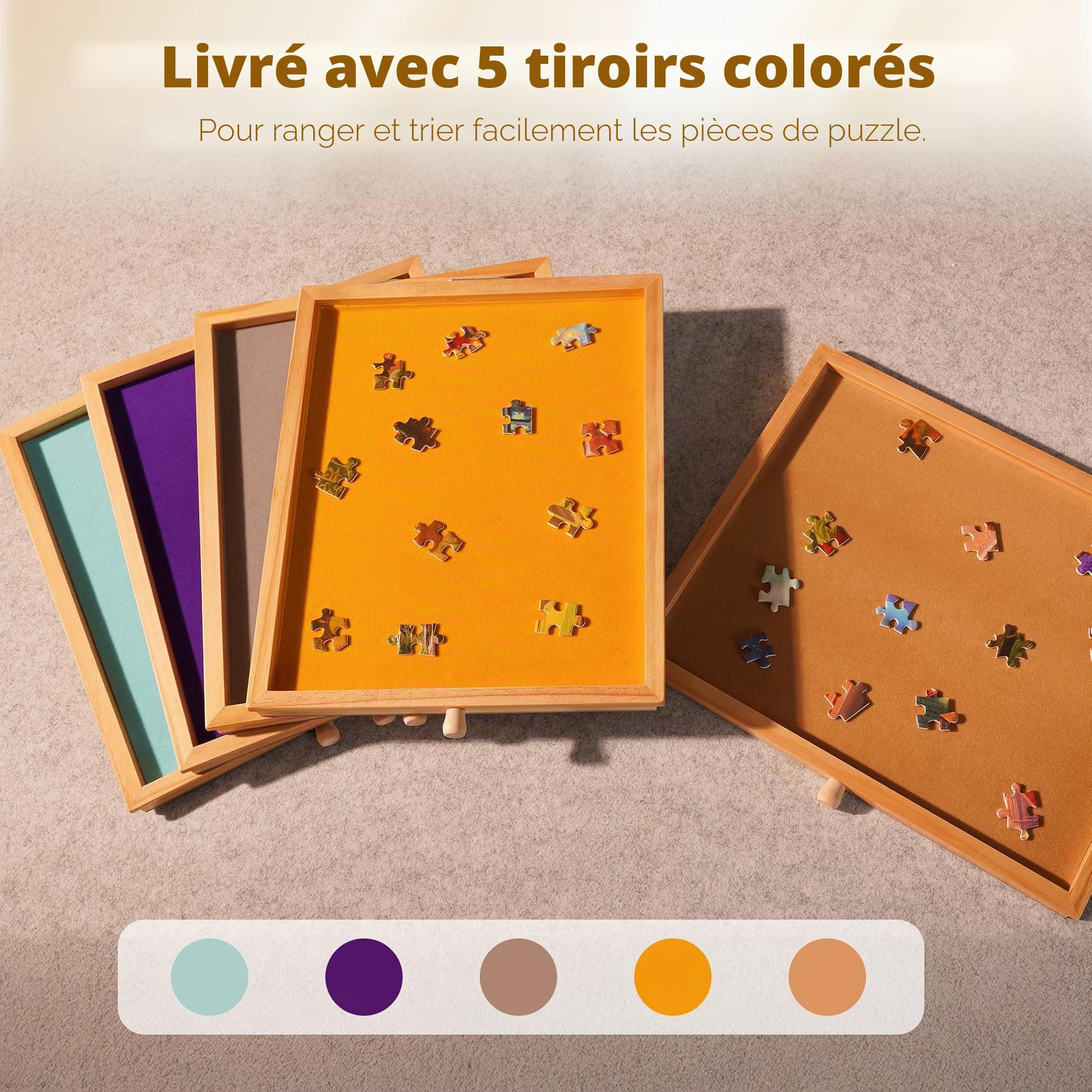 Tektalk Table de Puzzle avec lumière LED, Plateau en Bois avec Couvercle, fermé avec 4 roulettes, jusqu'à 1500 pièces