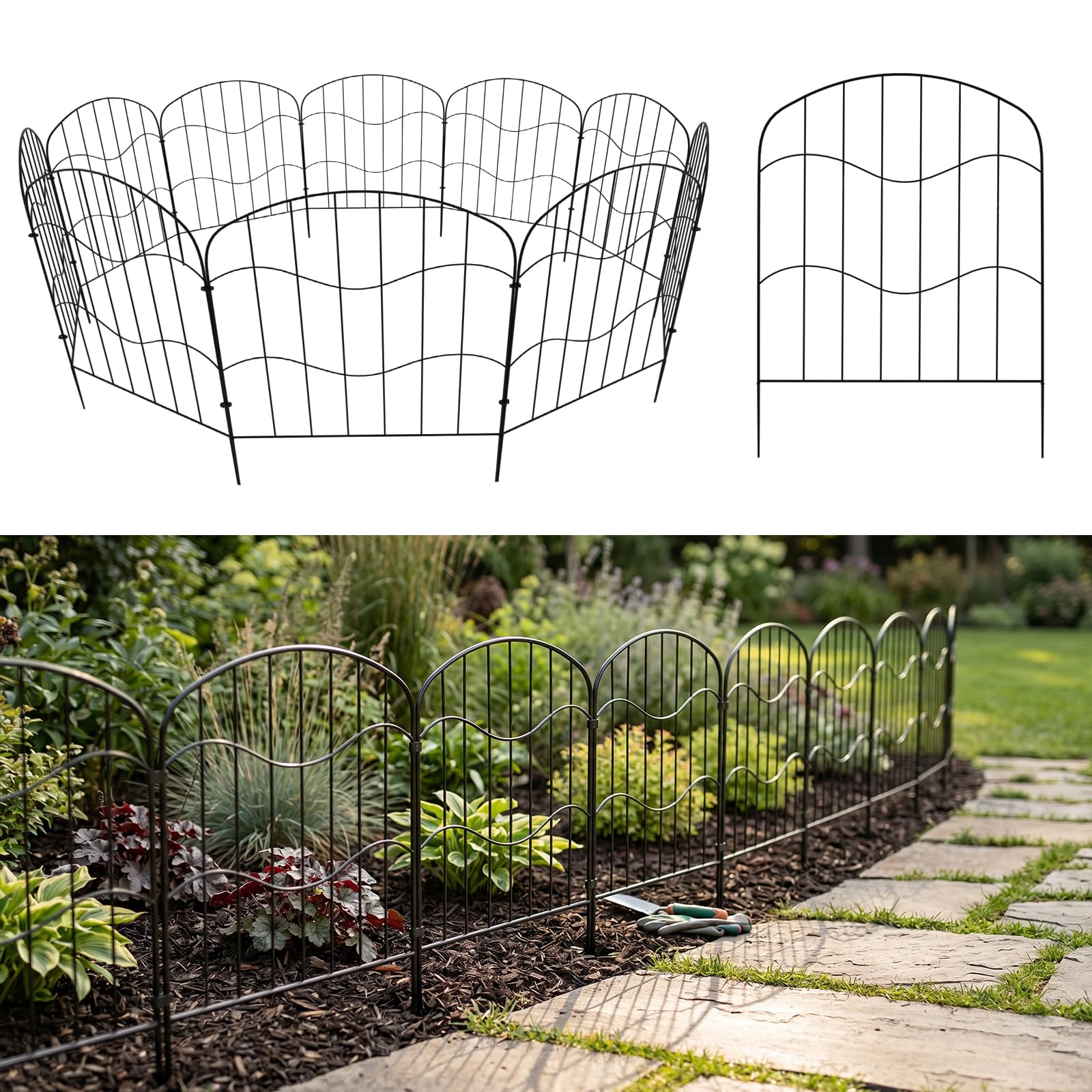 Dreamhigh® Metal Garden Fence Panels, 10 Pack, Black, 33cm x 61cm, No-Dig Installation, Decorative Border for Yard, Pet and Animal Barrier
