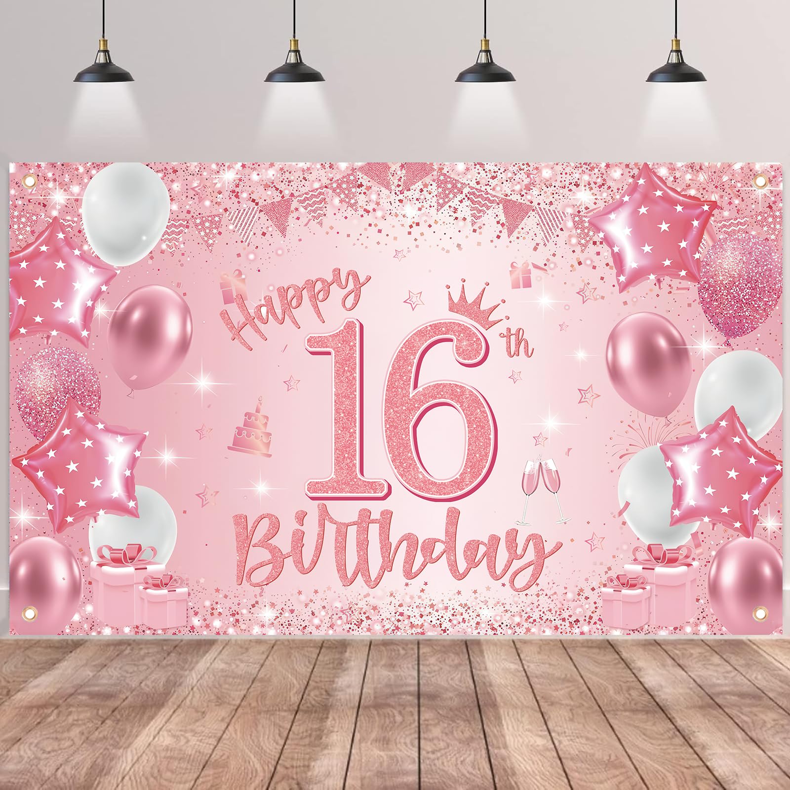 Happy 16th Birthday Banner Backdrop - Pink Sweet Sixteen Photography Background Decoration Backdrop, Fabric Sign Poster for 16 Years Old Girls Birthday Party Supplies — image 1
