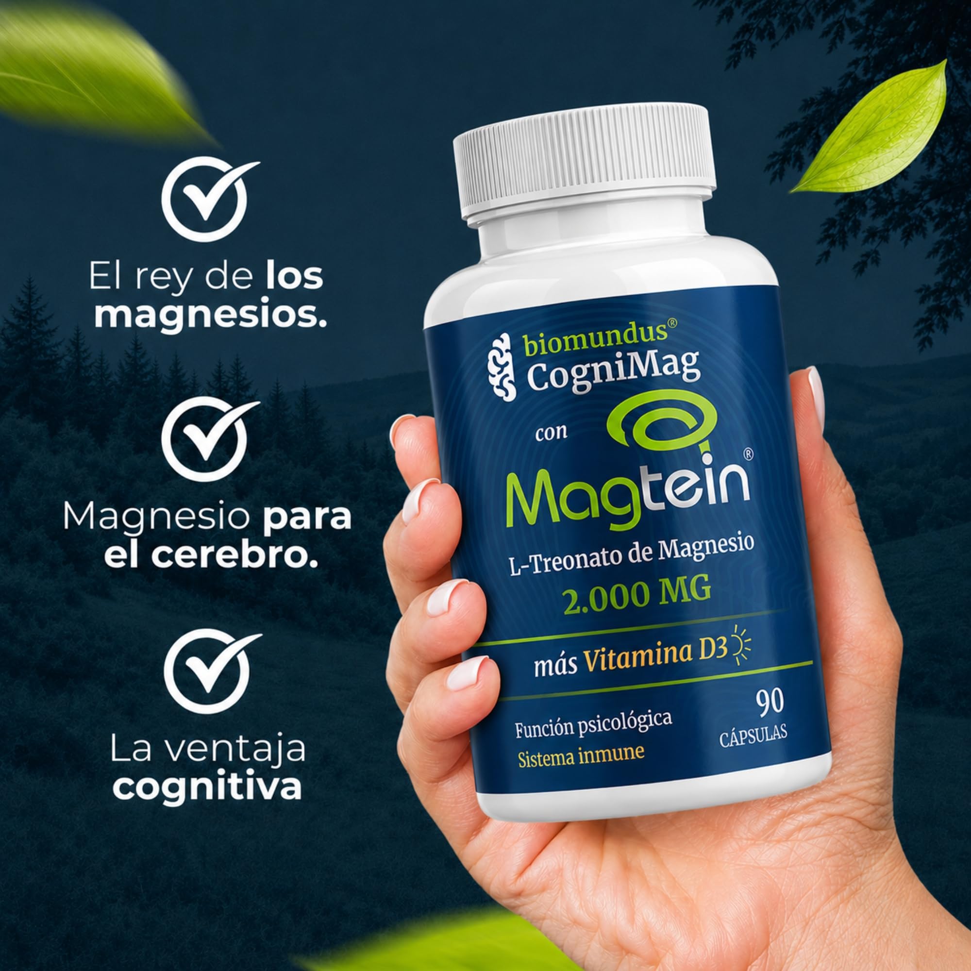 L-treonato de Magnesio Magtein® 2000 mg biomundus + Vitamina D3 2.000 UI dosis. Magnesio treonato Función cerebral óptima, mejor descanso, sueño, memoria, sistema inmune, músculos y huesos 90 cápsulas