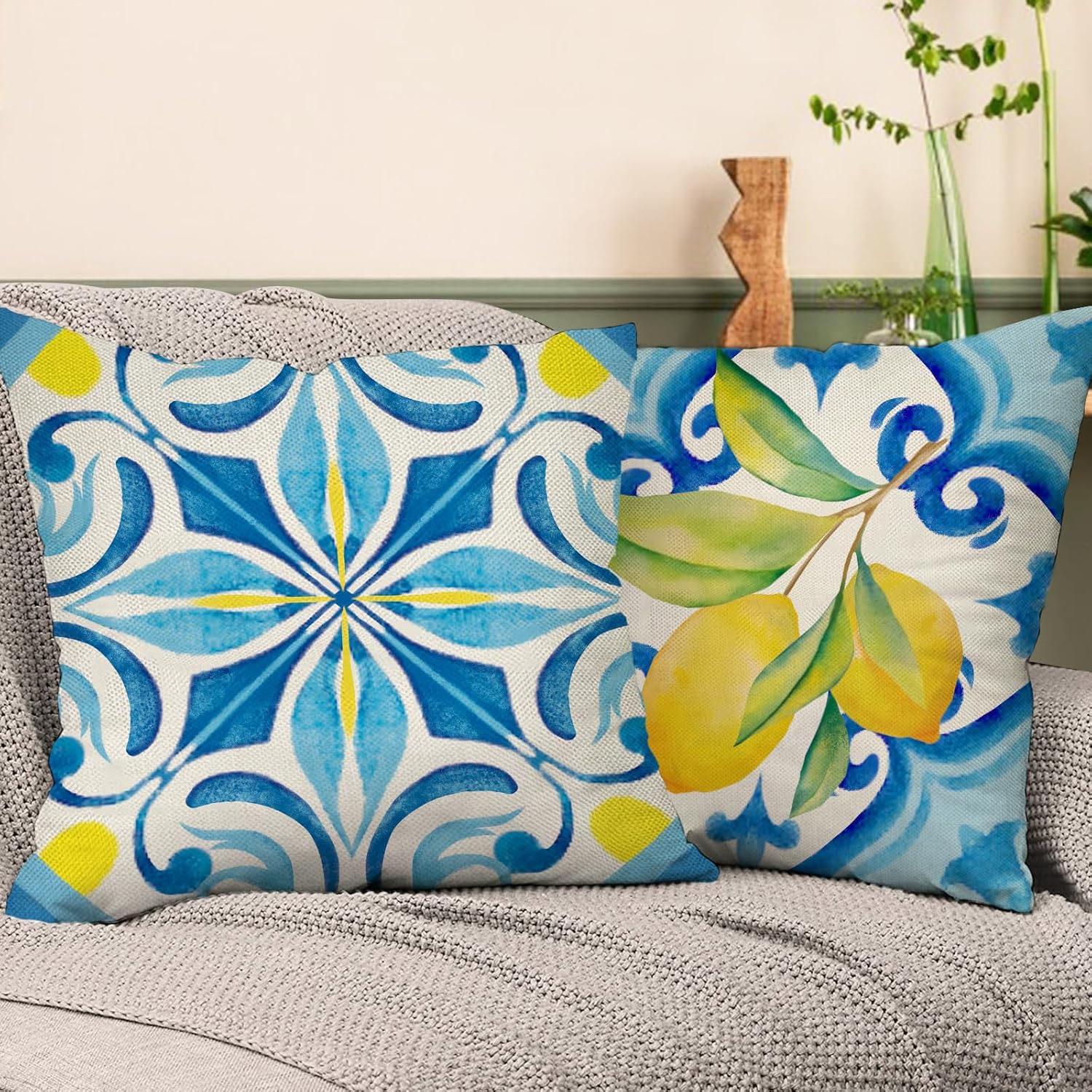 Blue Lemon Italy Tile Decorative Throw Pillow Covers 18 x 18 Set of 4, Amalfi Coast Italian Capri Citrus Fruit Porch Outdoor Home Decor, Summer Mediterranean Sofa Couch Cushion Case