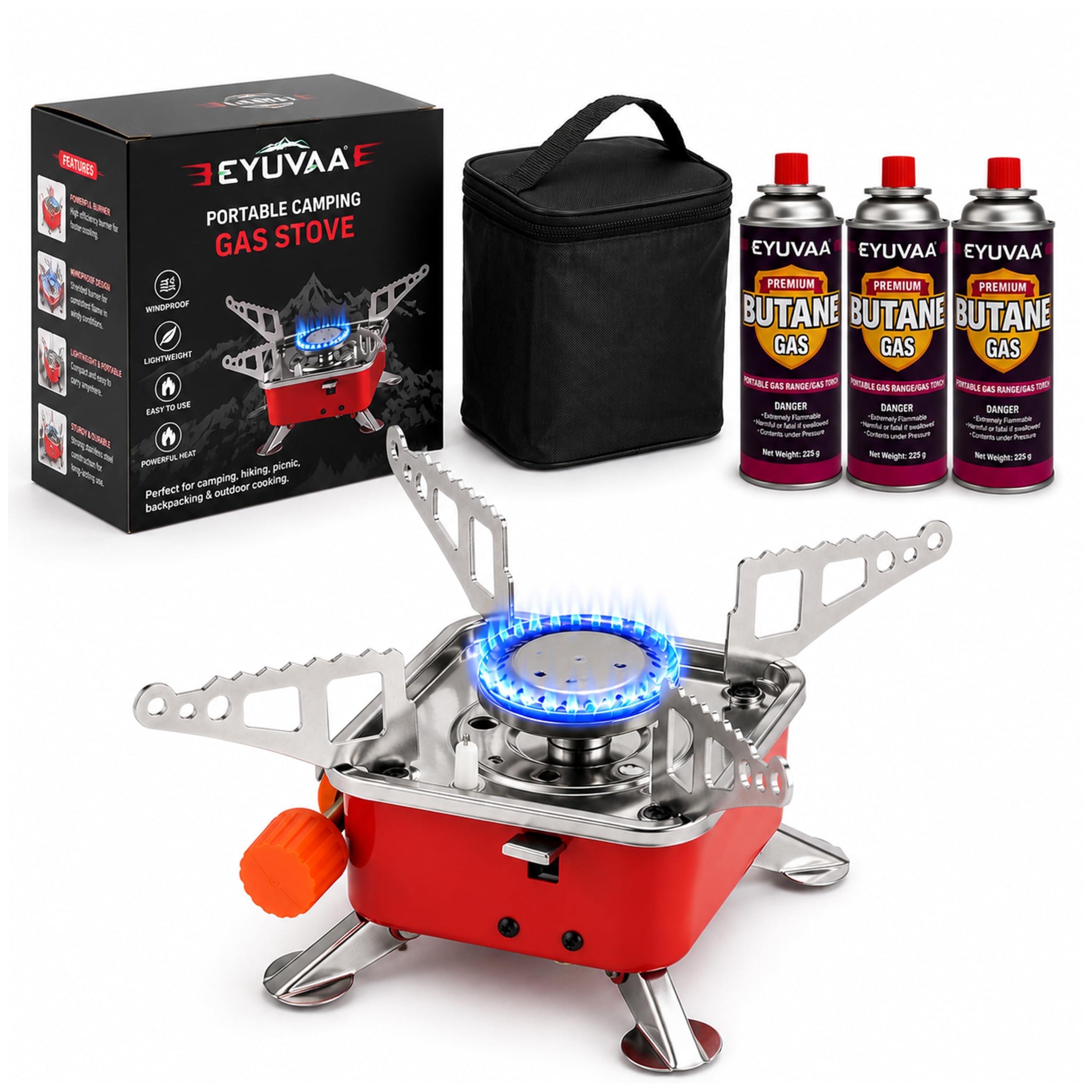 EYUVAA LABEL Portable Camping Gas Stove with 3 Butane Gas Canisters, Windproof Foldable Butane Burner, Lightweight Outdoor Cooking Stove with Carry Bag for Camping, Hiking, Trekking, Picnic & Travel-image-17