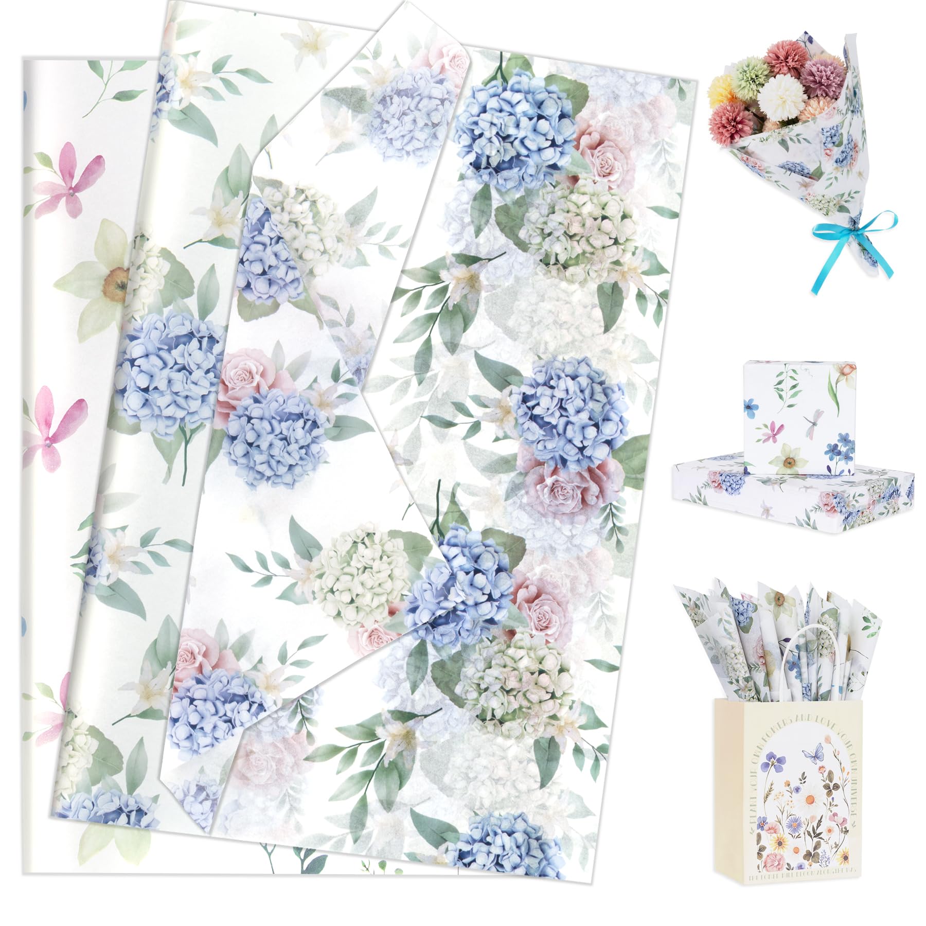 Larcenciel Zijdevloei Papier – 60 Vellen – Aquarel Bloemenprint Met Hortensia En Rozen – Cadeaupapier 50x35 Cm