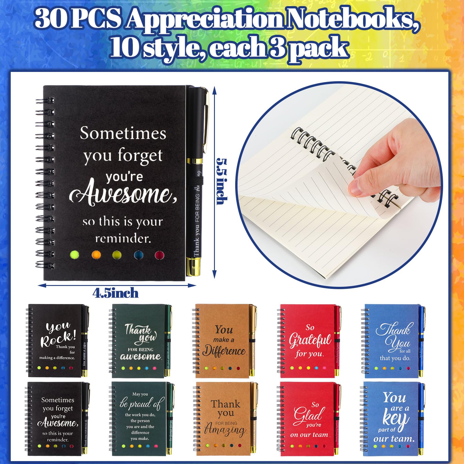 Zhanmai Juego de 30 cuadernos en espiral de regalo para empleados, diarios de cuero inspiradores, regalos de equipo de agradecimiento con bolígrafos de bambú, pestañas adhesivas de colores para