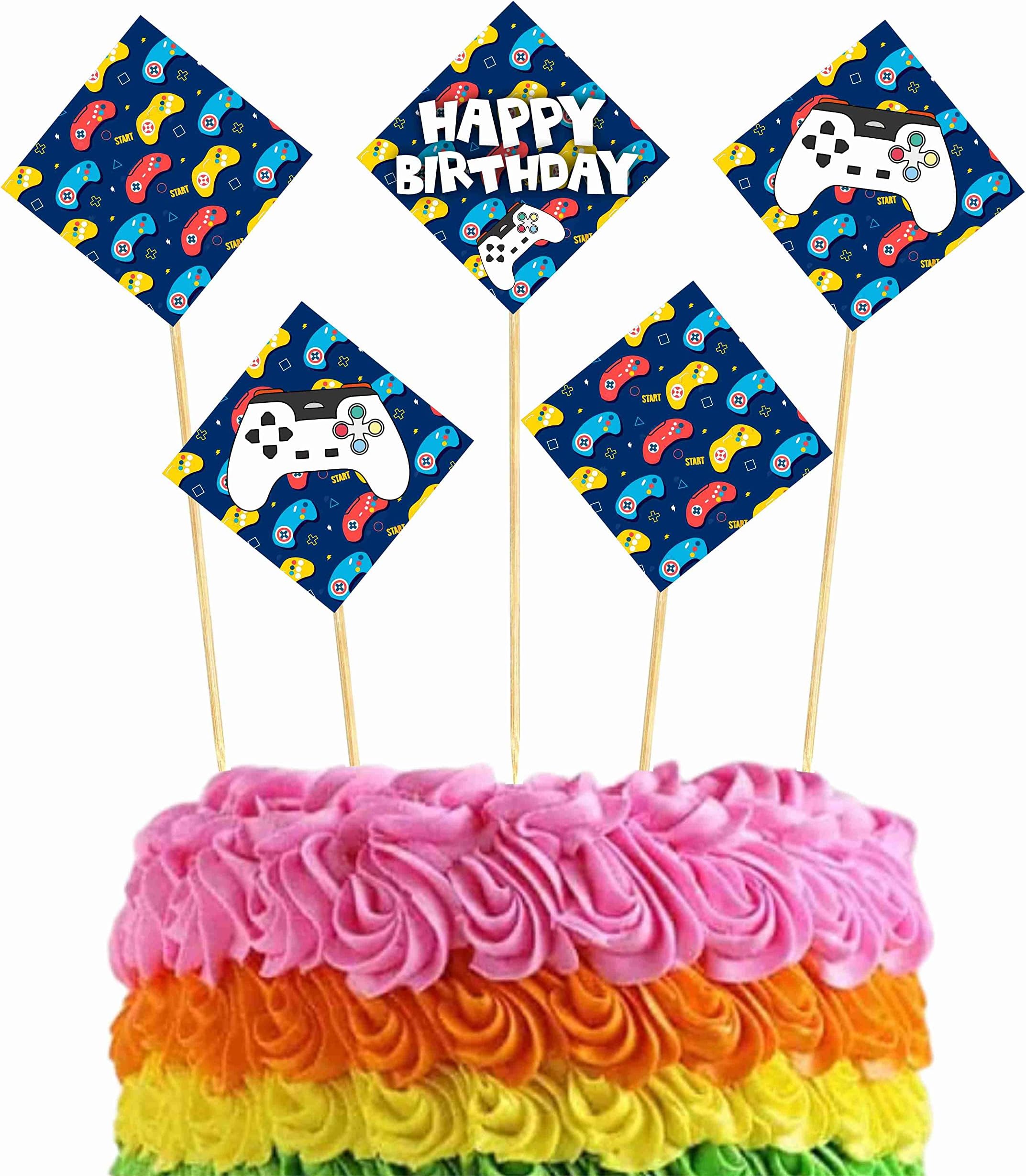 Balloonistics Video Game Theme Happy Birthday Cake Topper Set (Pack of 10) - Level Up Gaming Party Decorations, Double-Sided Cardstock Cake Inserts with Bamboo Sticks - Gamer Birthday Supplies for Boys & Kids (Cake Topper - Pack of 10)