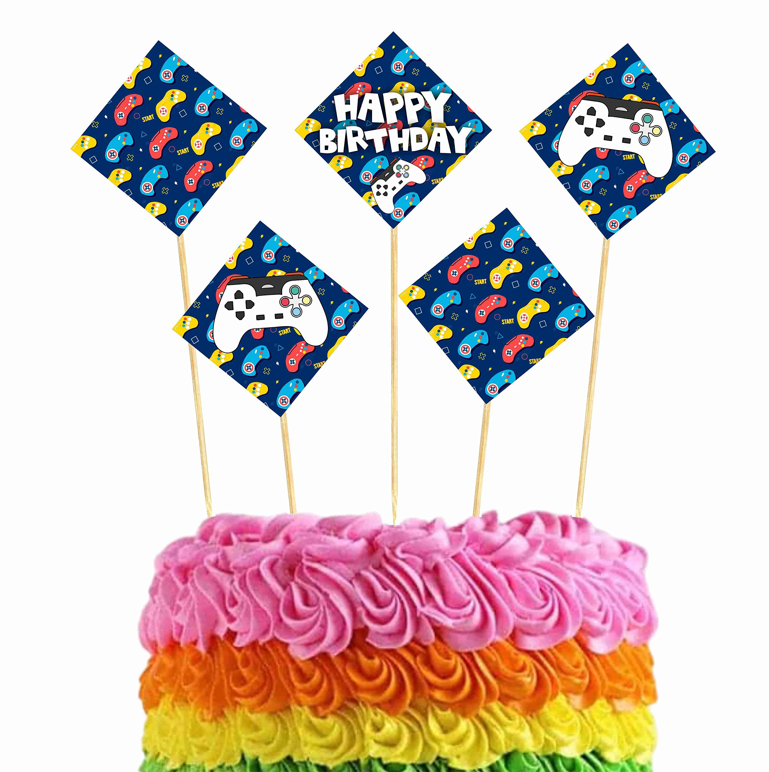Balloonistics Video Game Theme Happy Birthday Cake Topper Set (Pack of 10) - Level Up Gaming Party Decorations, Double-Sided Cardstock Cake Inserts with Bamboo Sticks - Gamer Birthday Supplies for Boys & Kids (Cake Topper - Pack of 10)