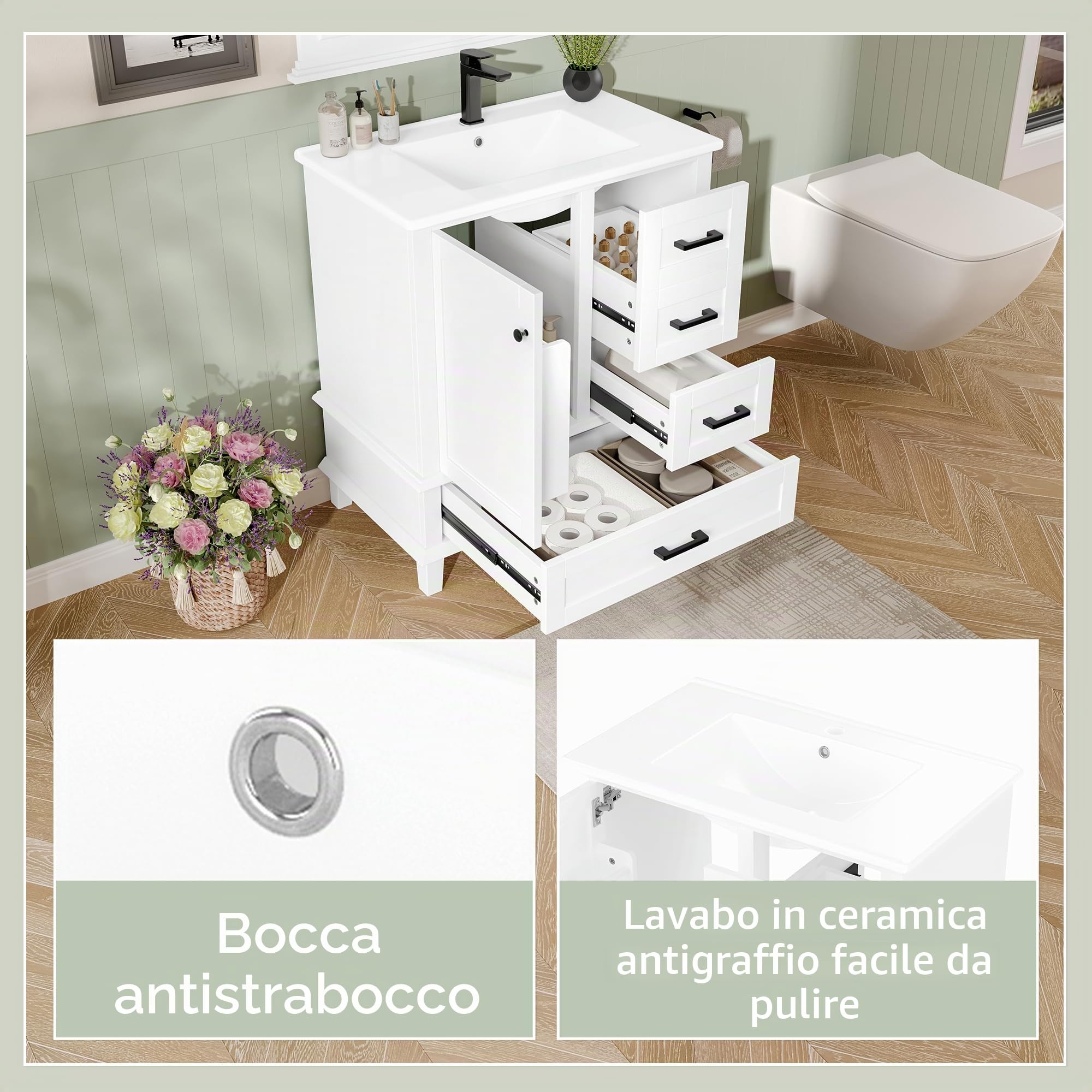 76 x 46 x 83,5 cm, mobile da bagno con lavandino, lavabo, completamente laccato, scaffale per porta, tre cassetti silenziosi, lavabo in ceramica integrato, bianco