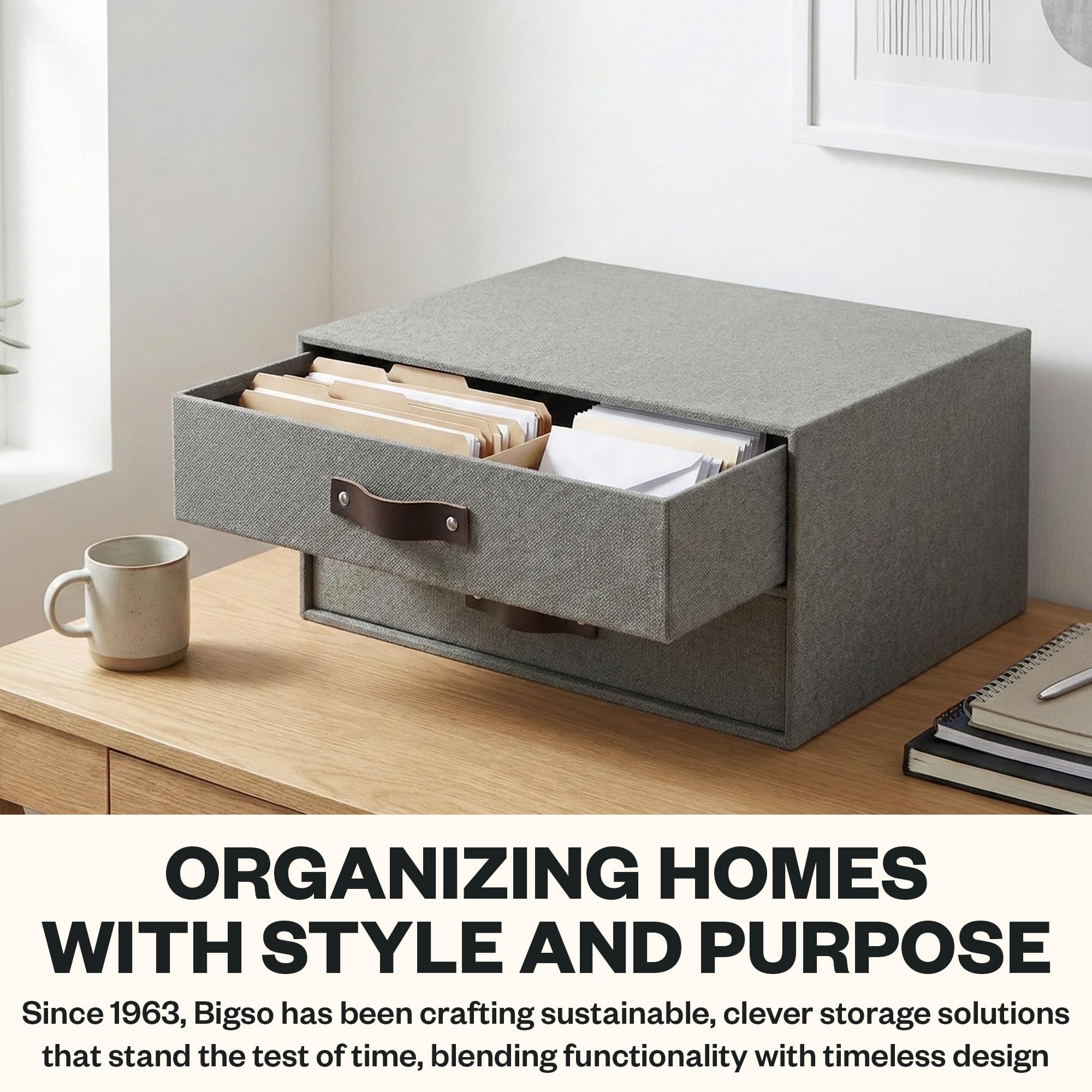 Bigso Birger 2-Drawer Canvas Fiberboard Easy Pull Handle Document Letter Box Desktop Drawers for Loose Papers and Documents — view 8