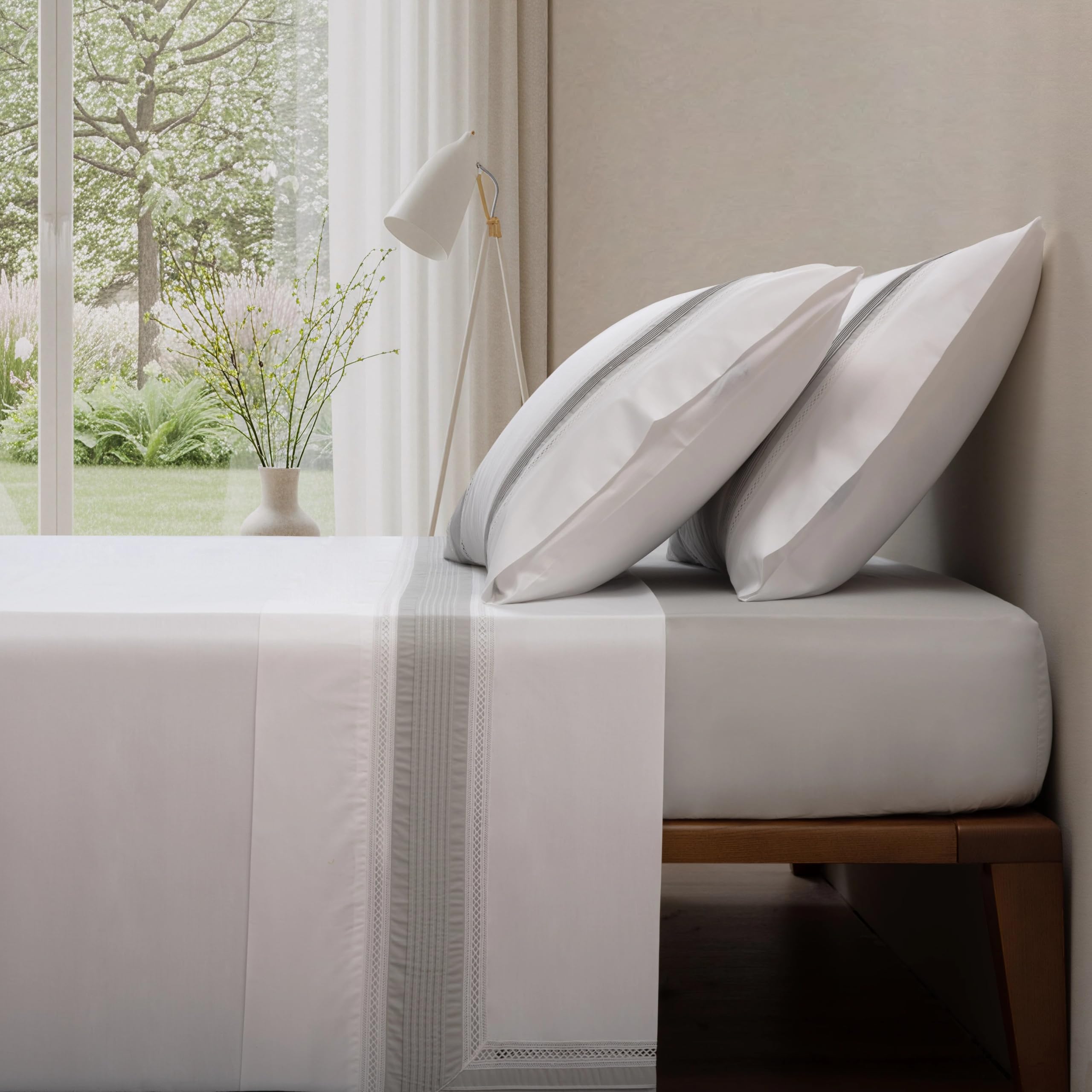 Juego de Sábanas 100% Algodón 200 Hilos Bordado Gris en Esquina – 685-200 Hilos - 100% Algodón de Percal - Cama 150/160 1 Almohada 45 x 165 cm - Fabricado Portugal